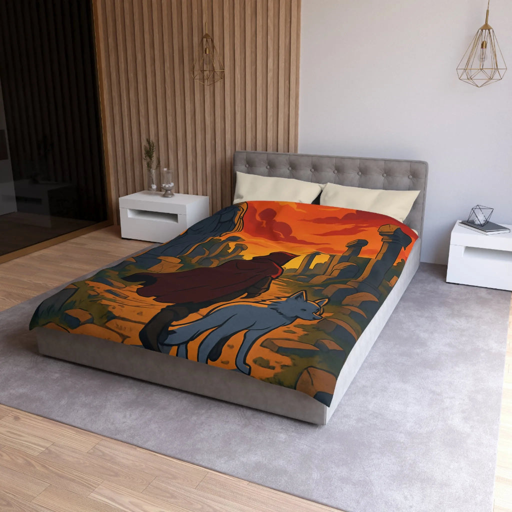 Housse de Couette Enfant Rouge et Blanc, Chemin Énigmatique du Crépuscule, Statue Mystérieuse