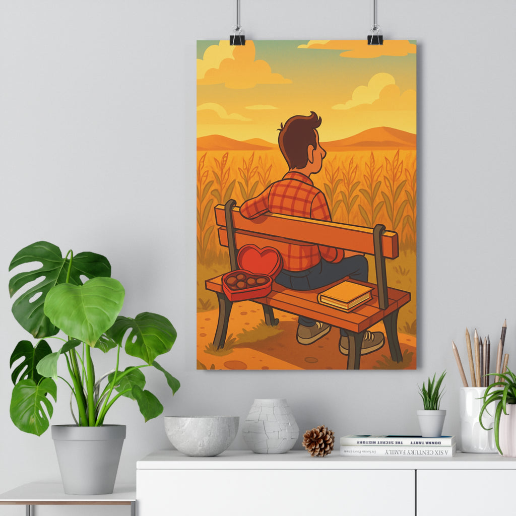 Poster décoratif nostalgique cartoon automnal bois banc sérénité salon chambre apaisant jaune chic qualité