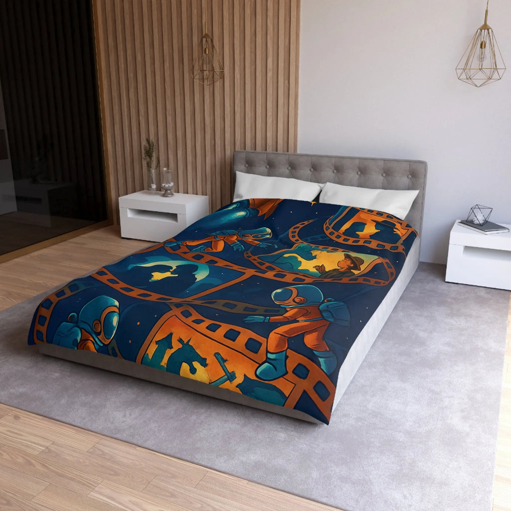 Housse de couette cosmos rêveur avec astronautes et séquences cinématographiques vintage