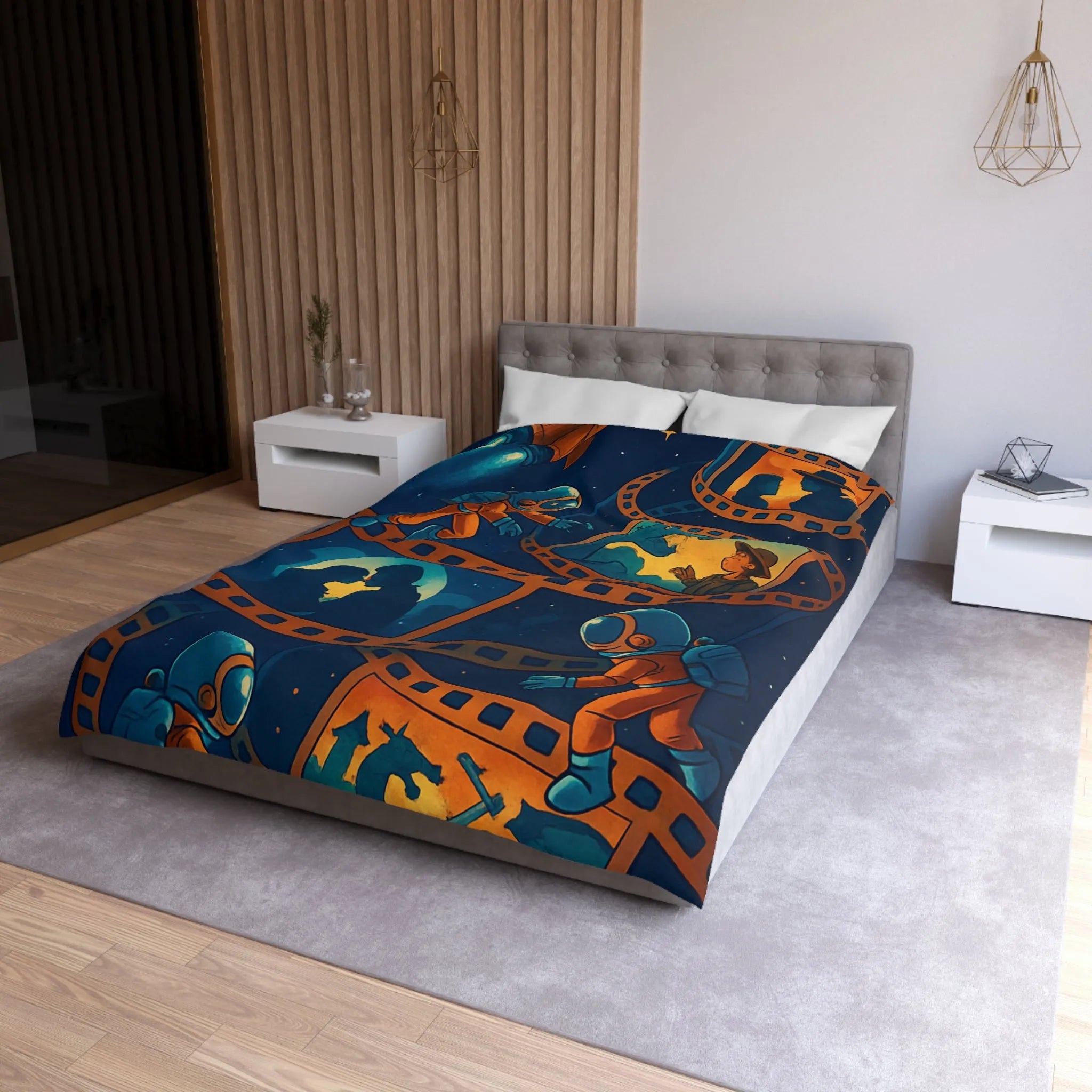 Housse de couette cosmos rêveur avec astronautes et séquences cinématographiques vintage