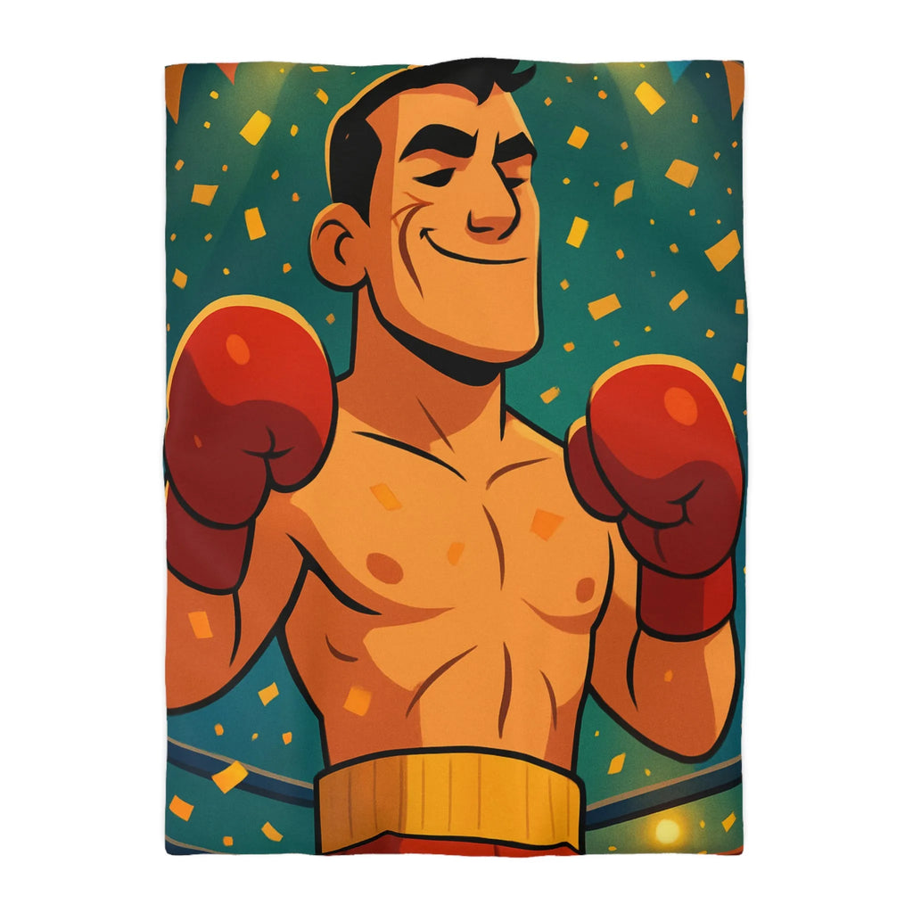Housse de couette colorée avec boxeur en tenue rouge, ambiance festive dynamique