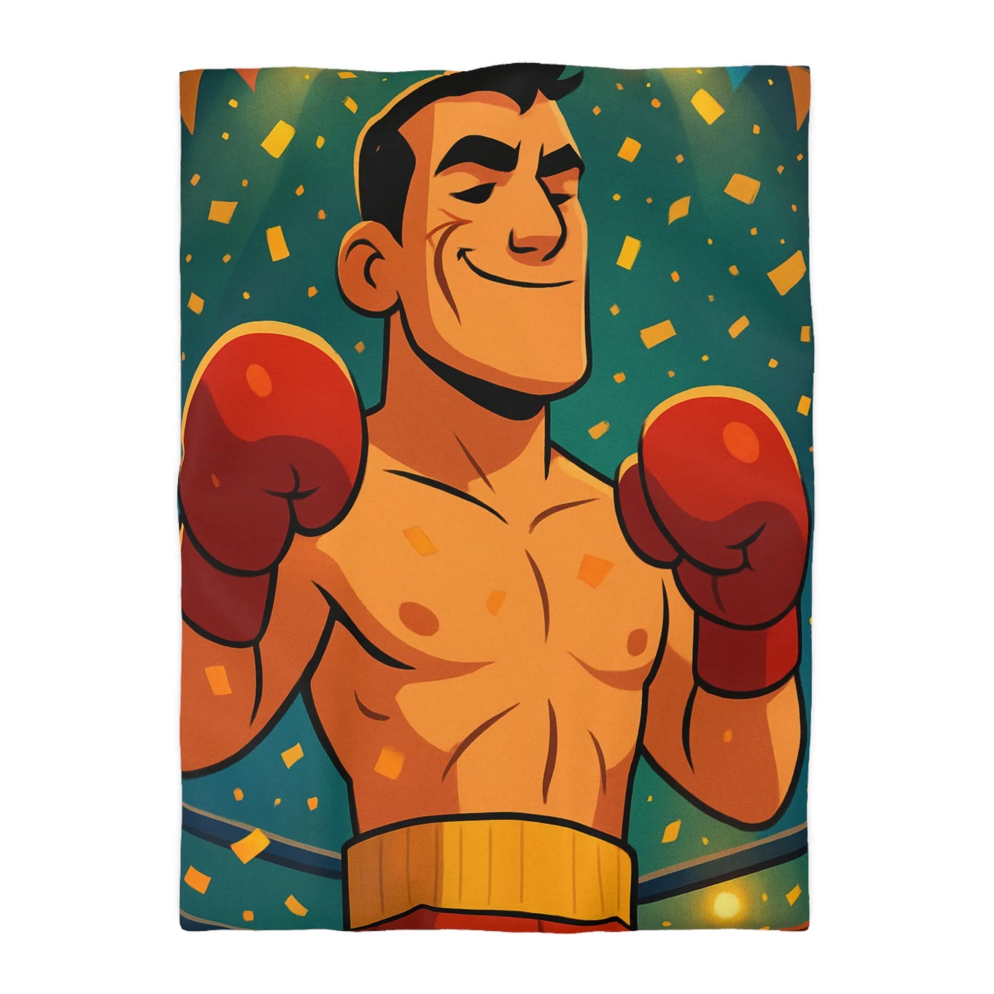 Housse de couette colorée avec boxeur en tenue rouge, ambiance festive dynamique