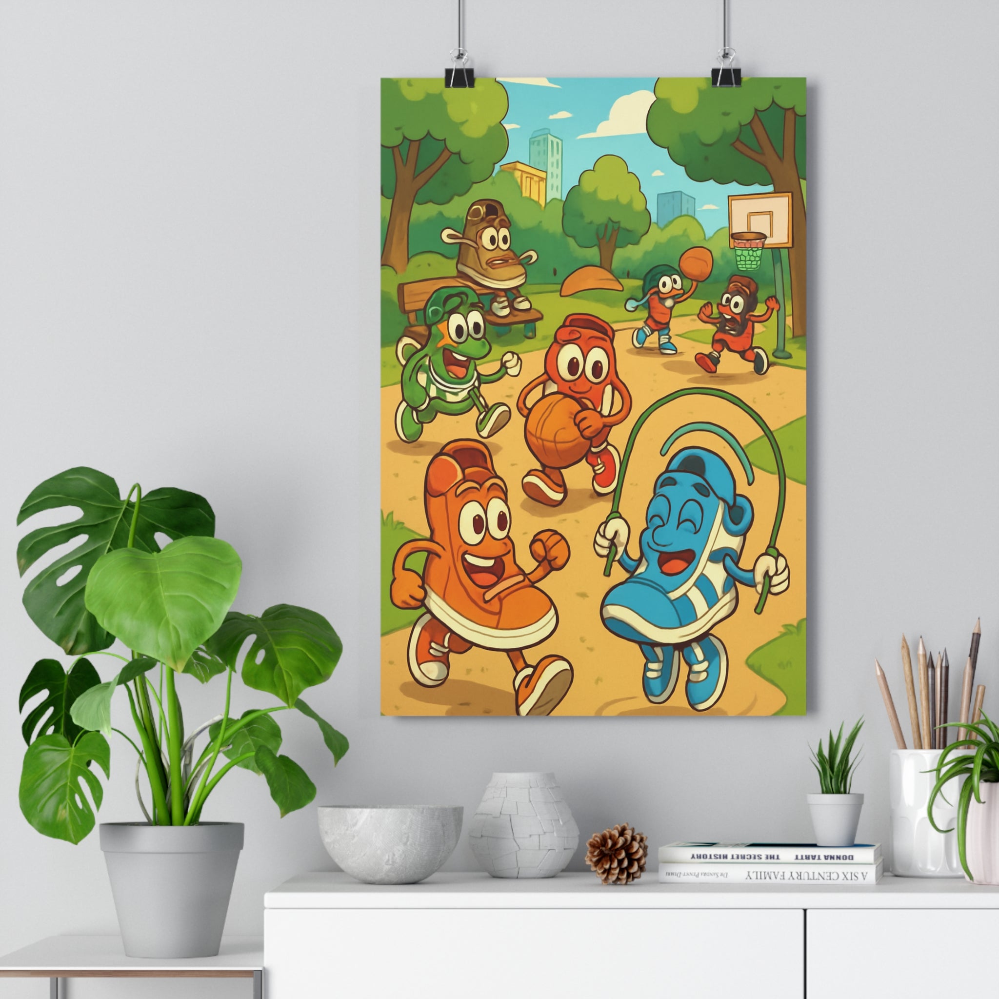 Poster décoratif cartoon baskets sneakers orange bleu vert joyeux chambre enfant parc artistique dynamique
