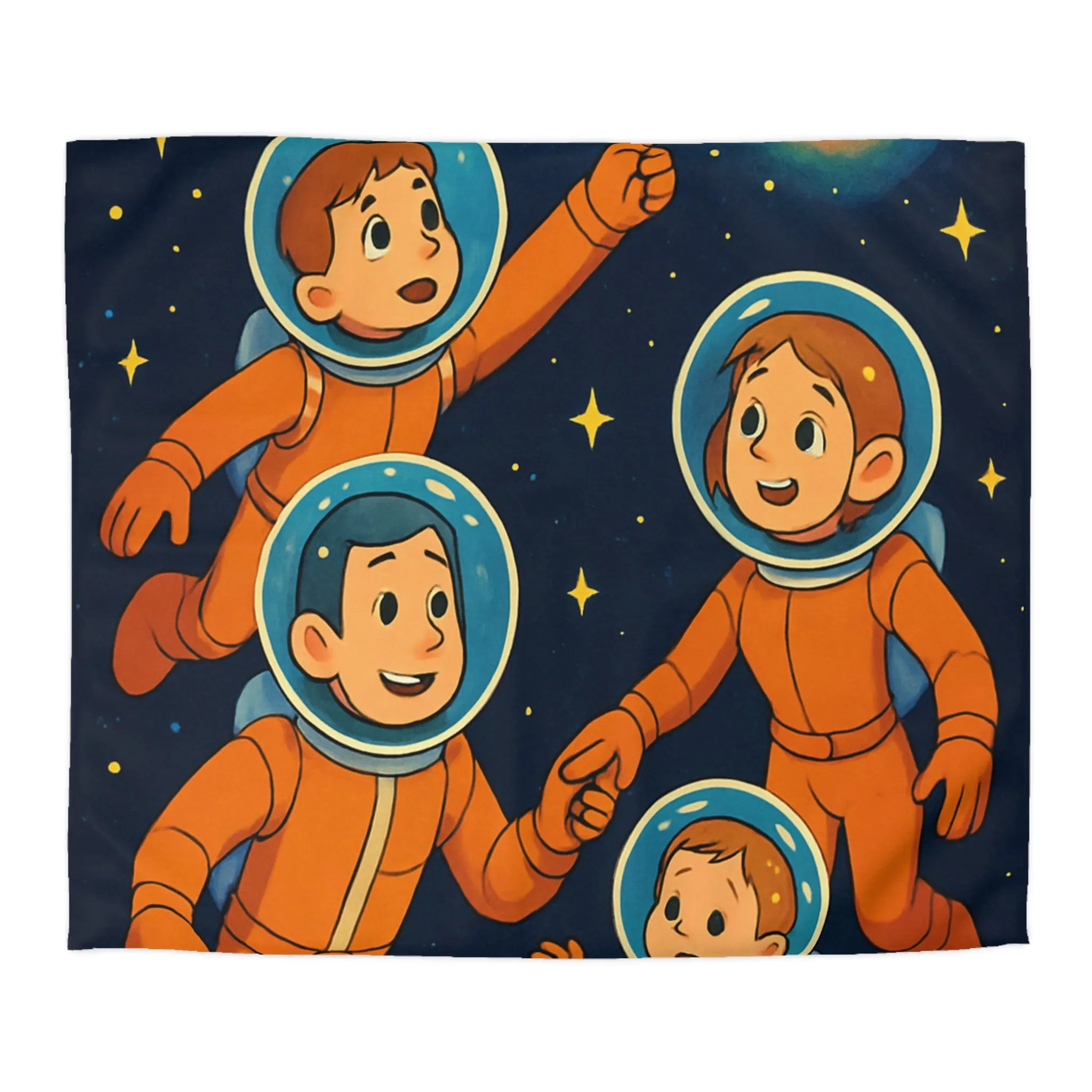 Explorez l'univers avec une adorable famille d'astronautes sous un ciel étoilé coloré