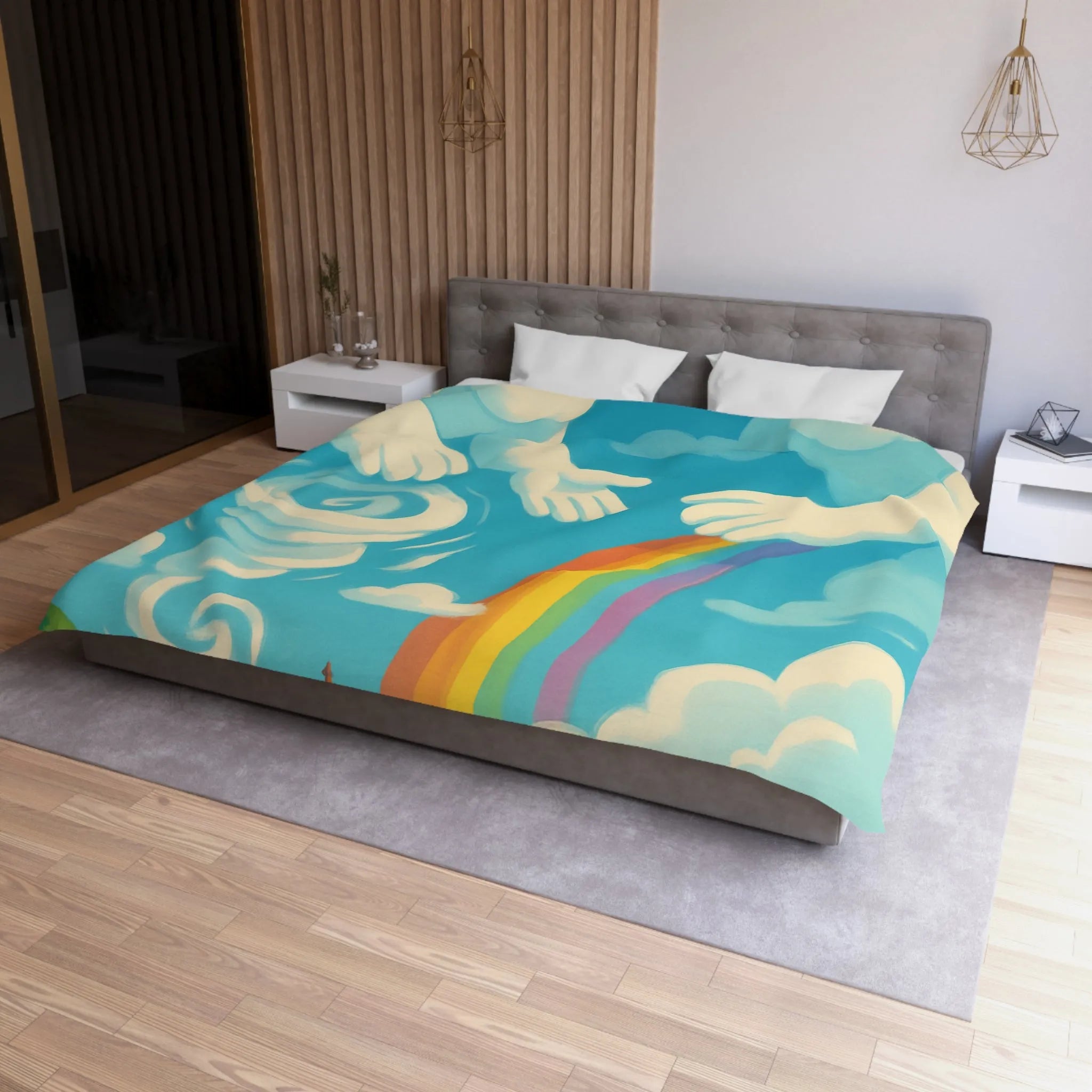 Art ludique de nuages souriants au-dessus d'un village teinté de couleurs vives