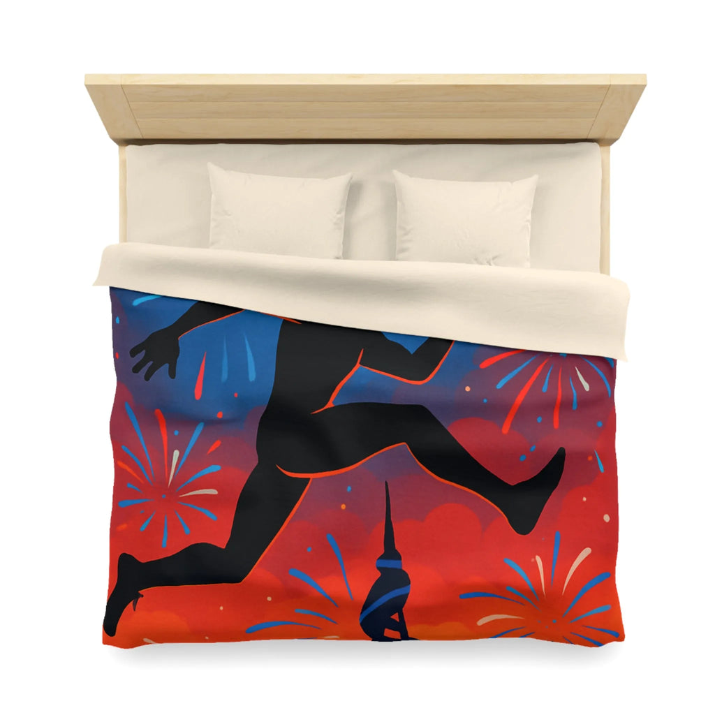 Housse de couette avec silhouette sportive et feux d'artifice, ambiance nocturne colorée