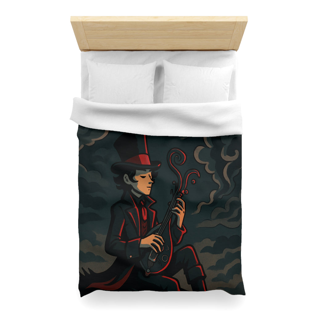 Mystérieuse silhouette avec chapeau haut-de-forme jouant d'un luth sous ciel orageux nocturne