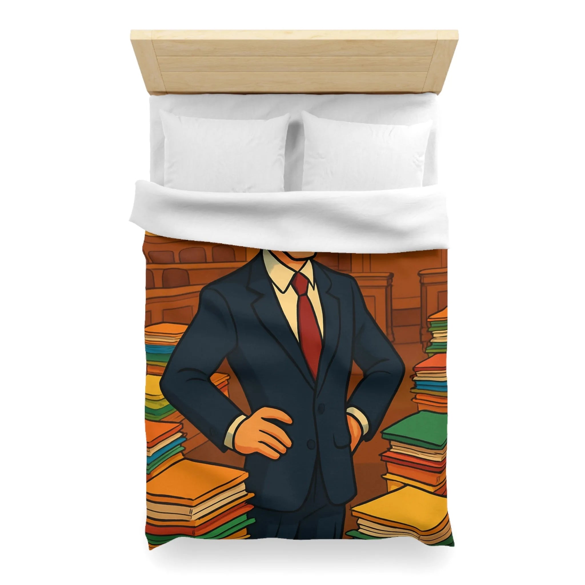 Élégante housse de couette rétro, piles de dossiers colorés, personnage confiant et distingué