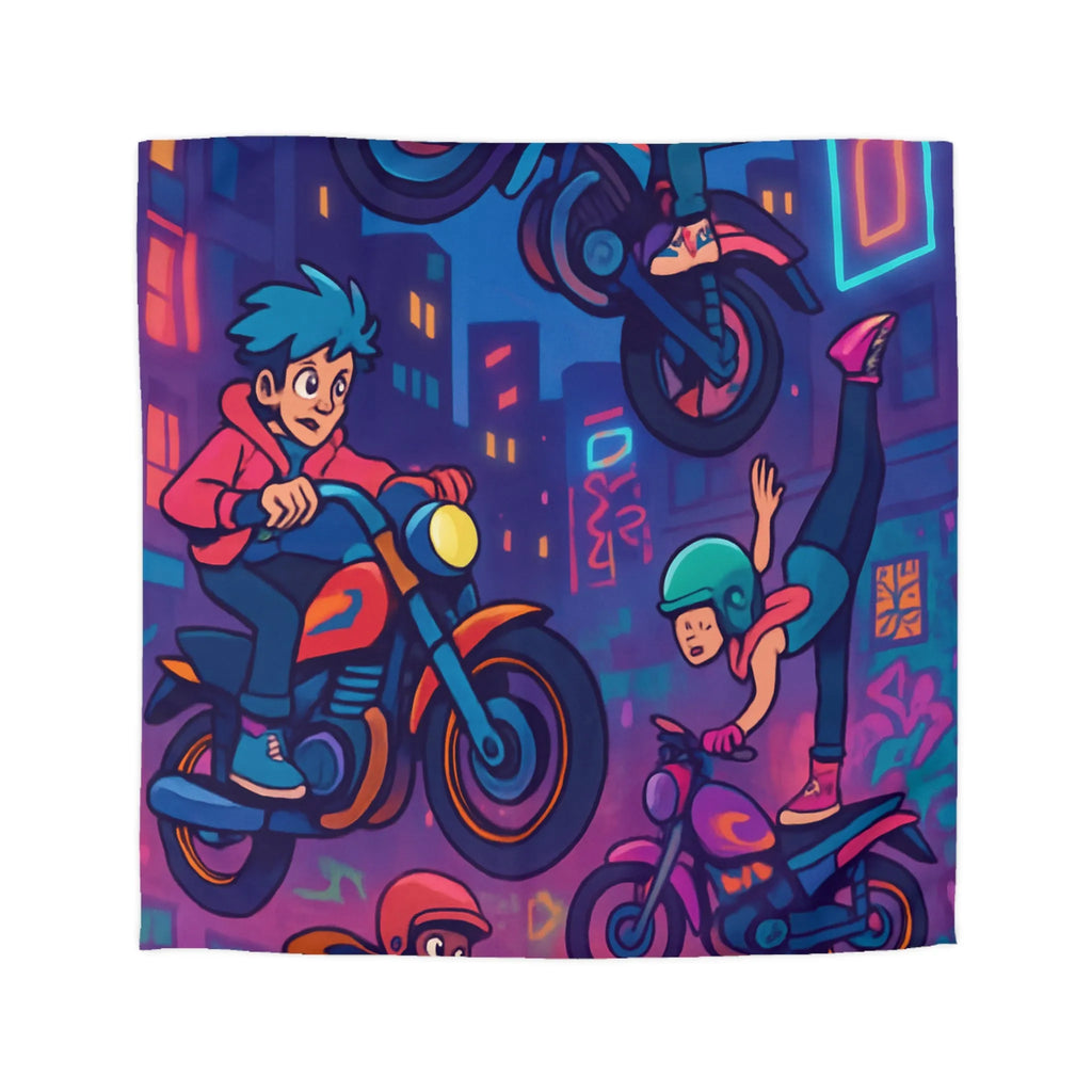 Housse de couette illustrée acrobaties moto urbaines néon dynamique style bande dessinée vibrante