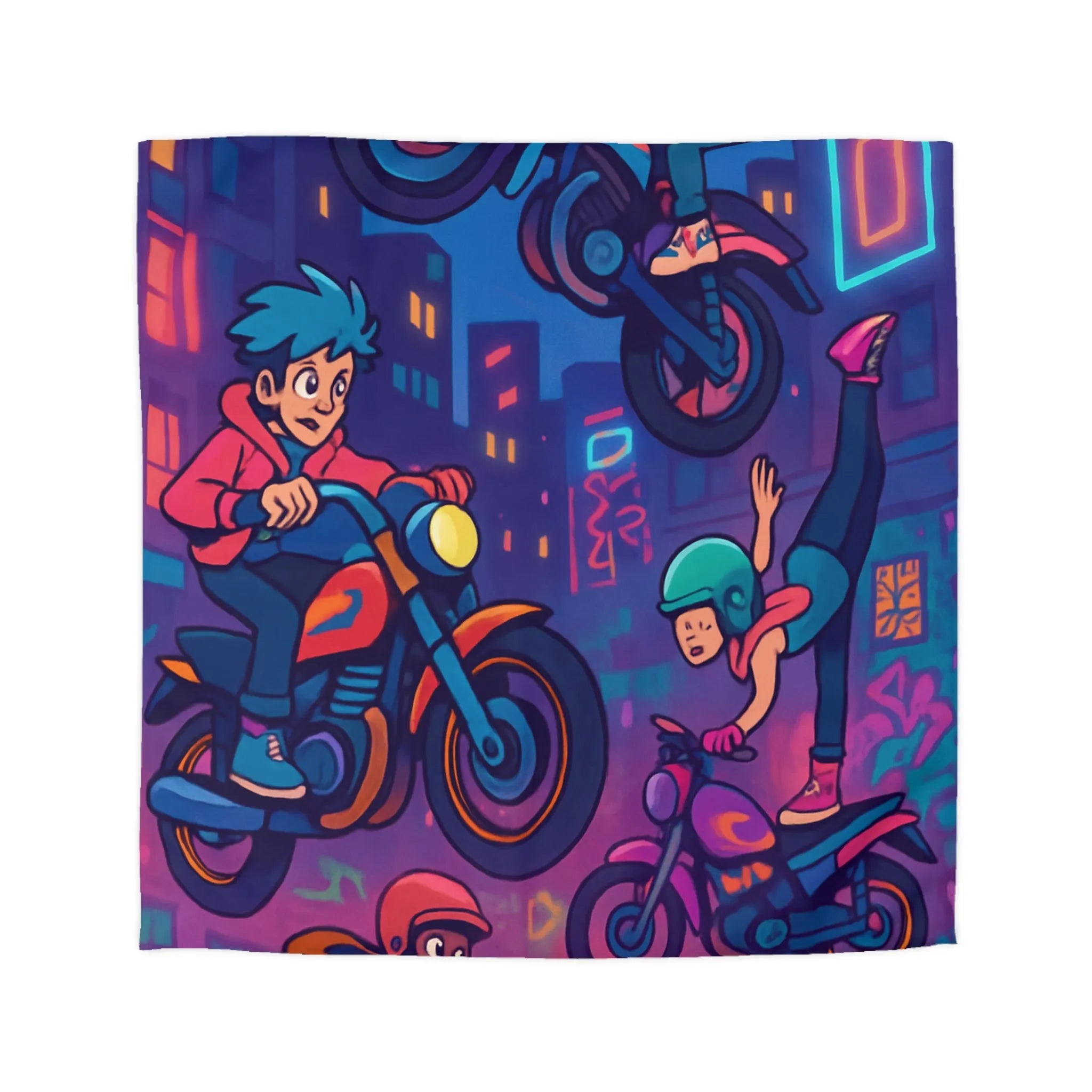 Housse de couette illustrée acrobaties moto urbaines néon dynamique style bande dessinée vibrante