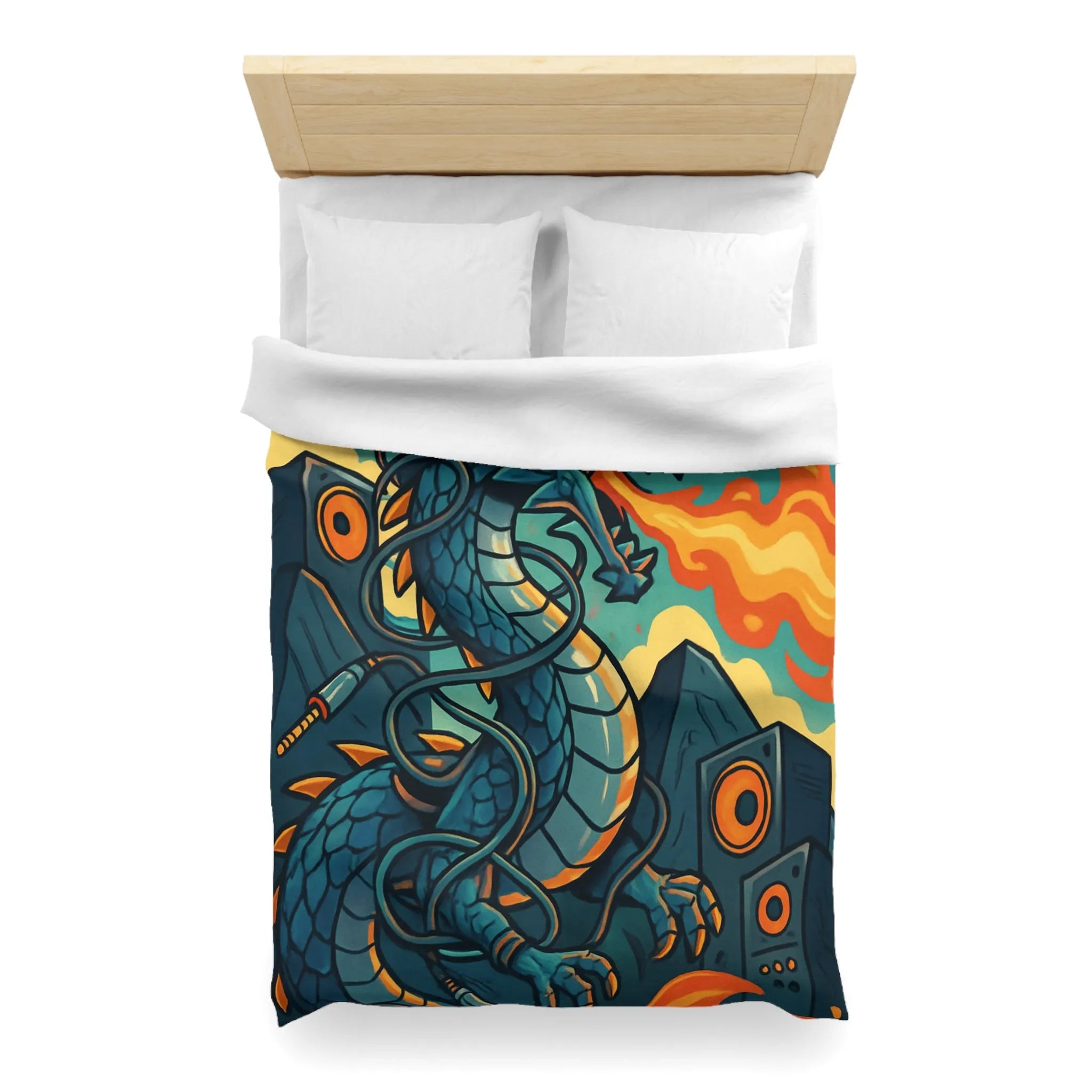 Housse de couette avec dragon fantaisie émettant flammes et musique vibrante rétro
