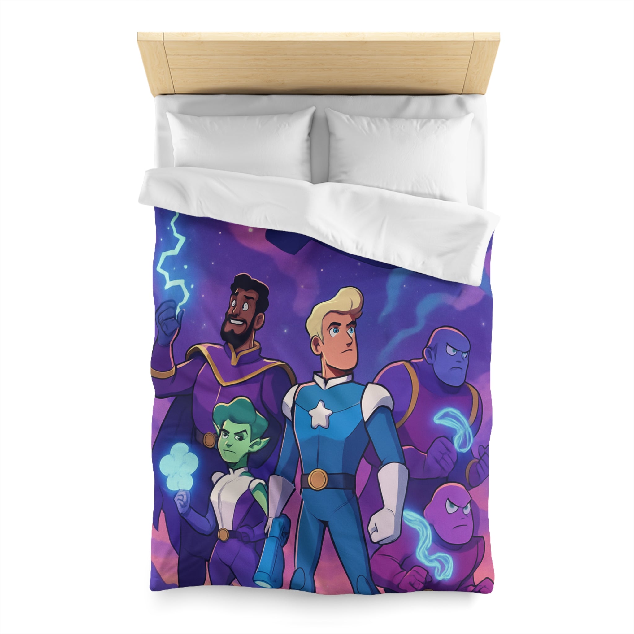 Housse de couette spatiale avec héroïques personnages animés sous vaisseau intergalactique étoilé