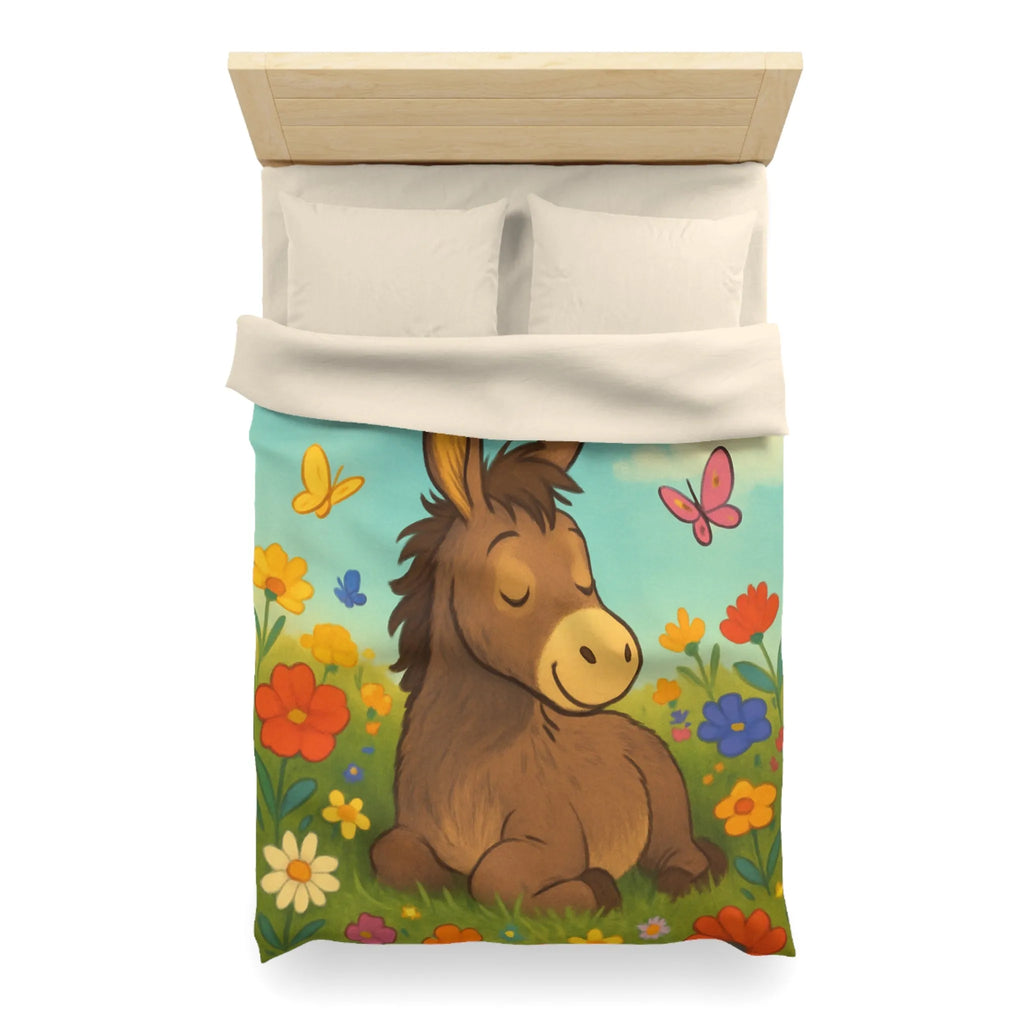 Housse de couette enfant Âne endormi, fleurs colorées et papillons dans un pré