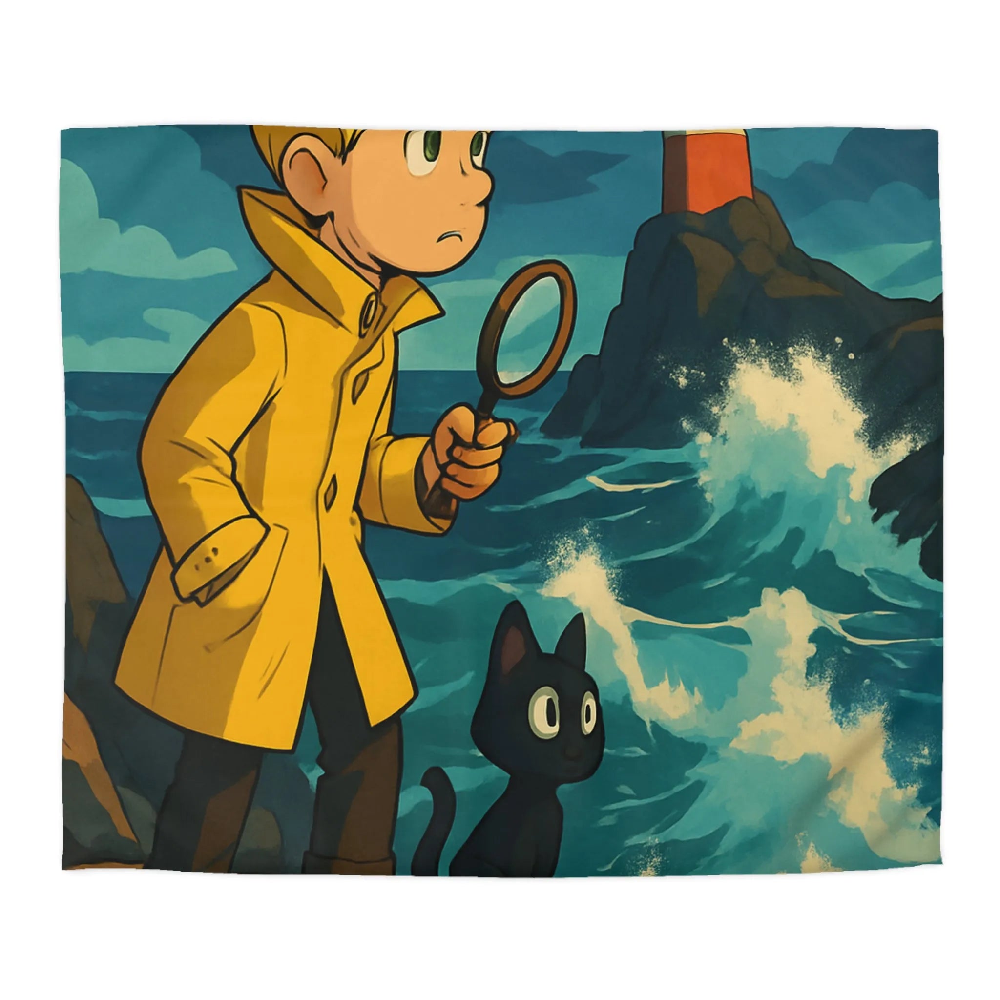 Housse de Couette Aventure Enfantine avec Phare, Océan et Chat Mystérieux