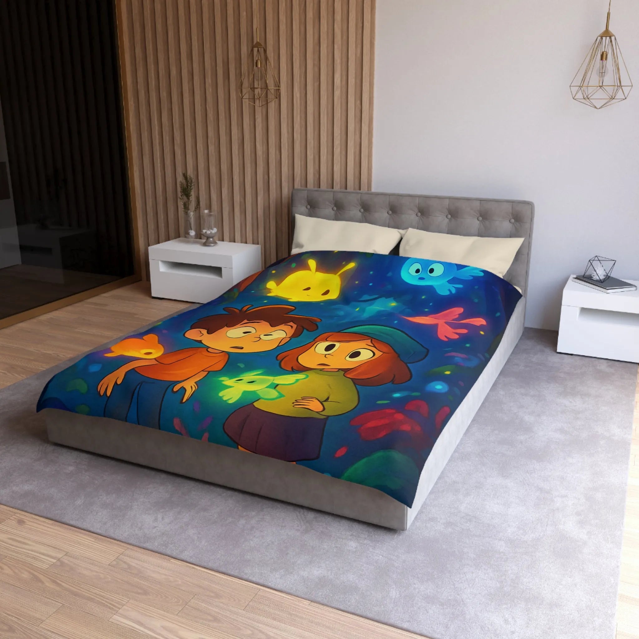 Housse de Couette Enfant Fantaisie avec Créatures Lumineuses dans Forêt Mystérieuse et Enchantée