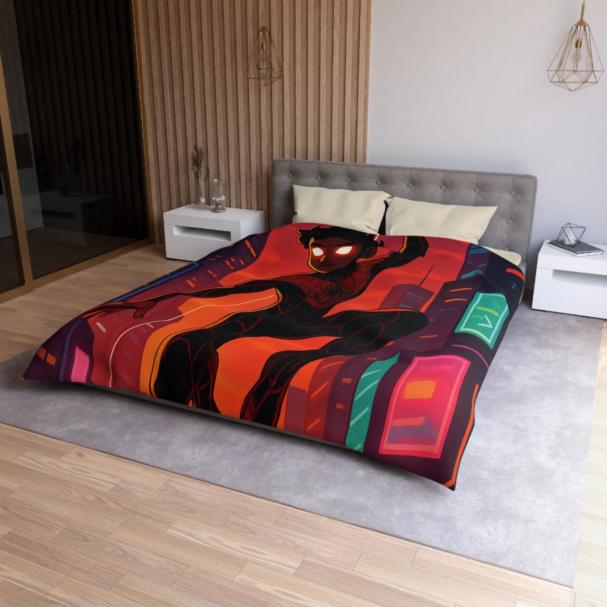 Housse de couette avec super-héros suspendu devant un coucher de soleil urbain vibrant