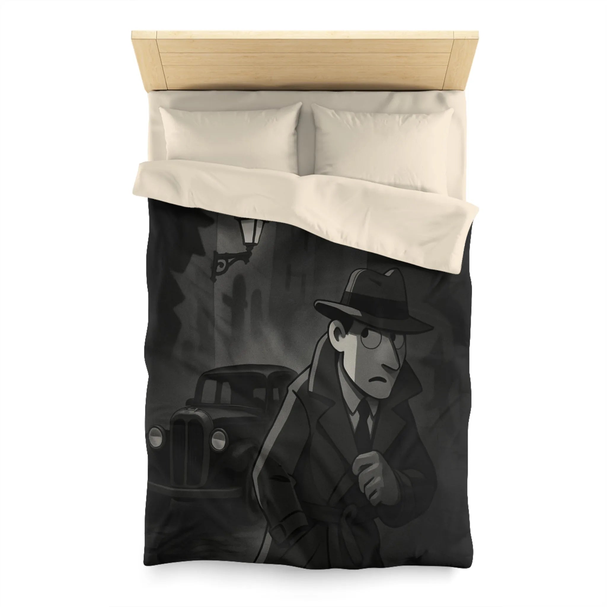 Housse de couette élégante avec scène de détective en ville sous lampadaire nocturne