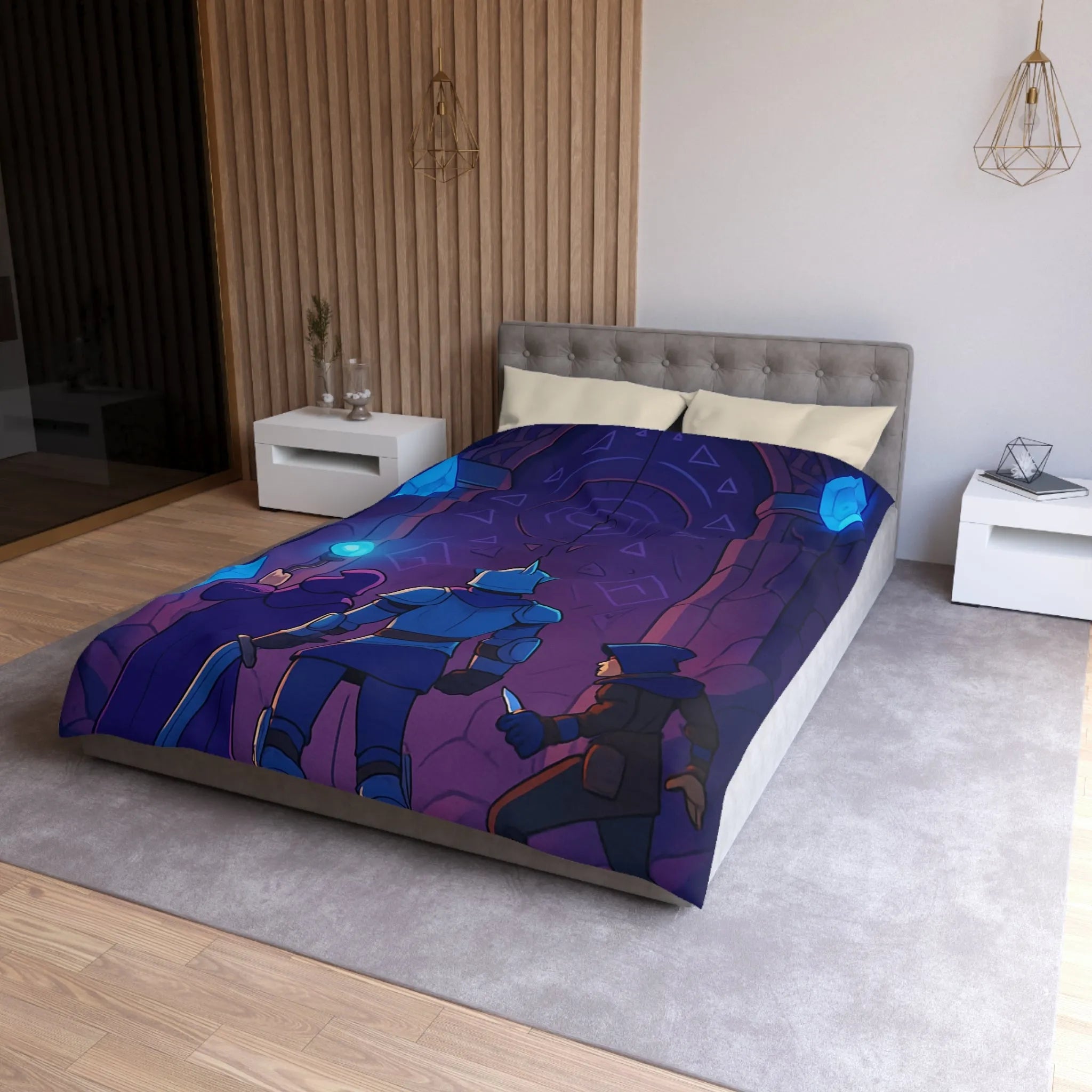Housse de couette médiévale fantasy avec chevalier et magicien devant porte mystique