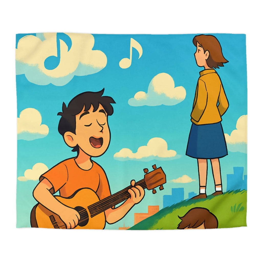 Housse de couette avec personnages chantant et lisant sur colline ensoleillée