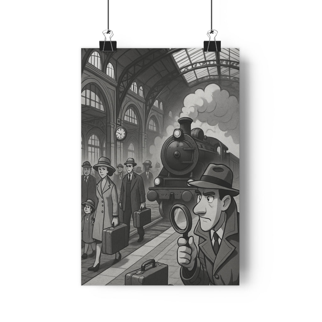 Poster décoratif vintage noir blanc aventure mystère gare salon bureau enquête vapeur style élégant