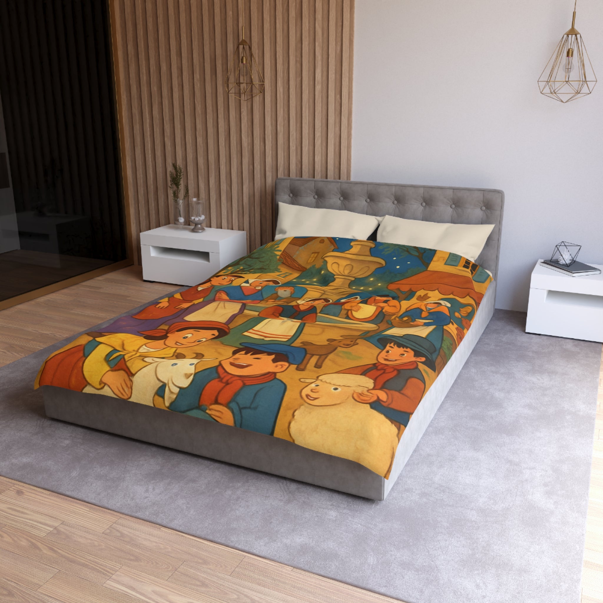 Housse de couette pour enfants avec scène villageoise festive et animaux mignons joyeux