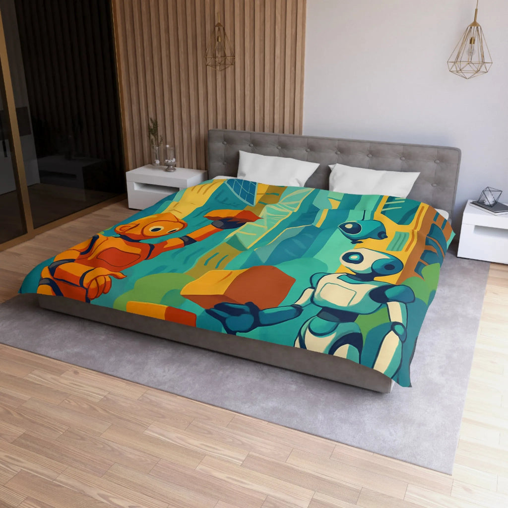 Housse de couette futuriste avec robots colorés dans une ville moderne lumineuse