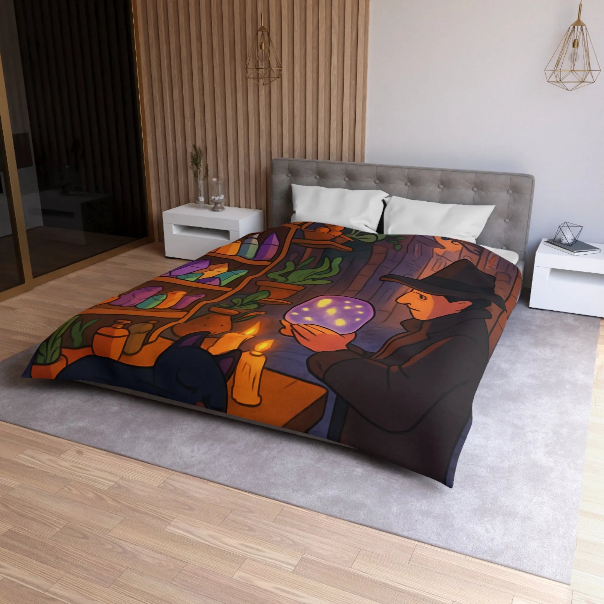 Housse de couette élégante avec scène mystique de ruelle et chat noir