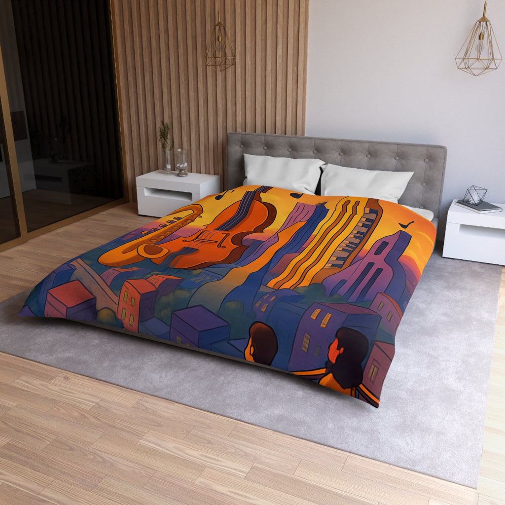 Housse de couette urbaine avec des instruments géants flottant au coucher de soleil vibrant