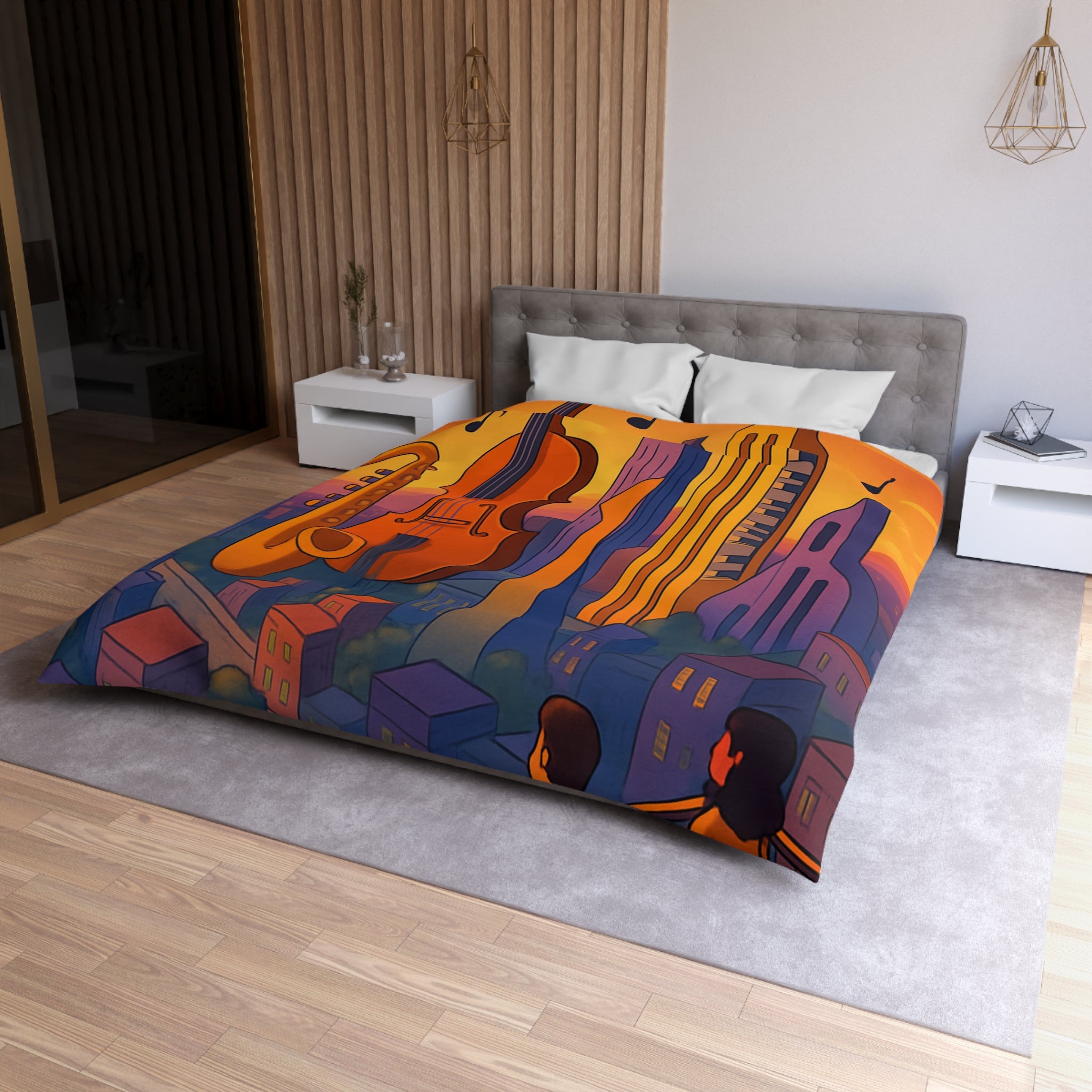 Housse de couette urbaine avec des instruments géants flottant au coucher de soleil vibrant