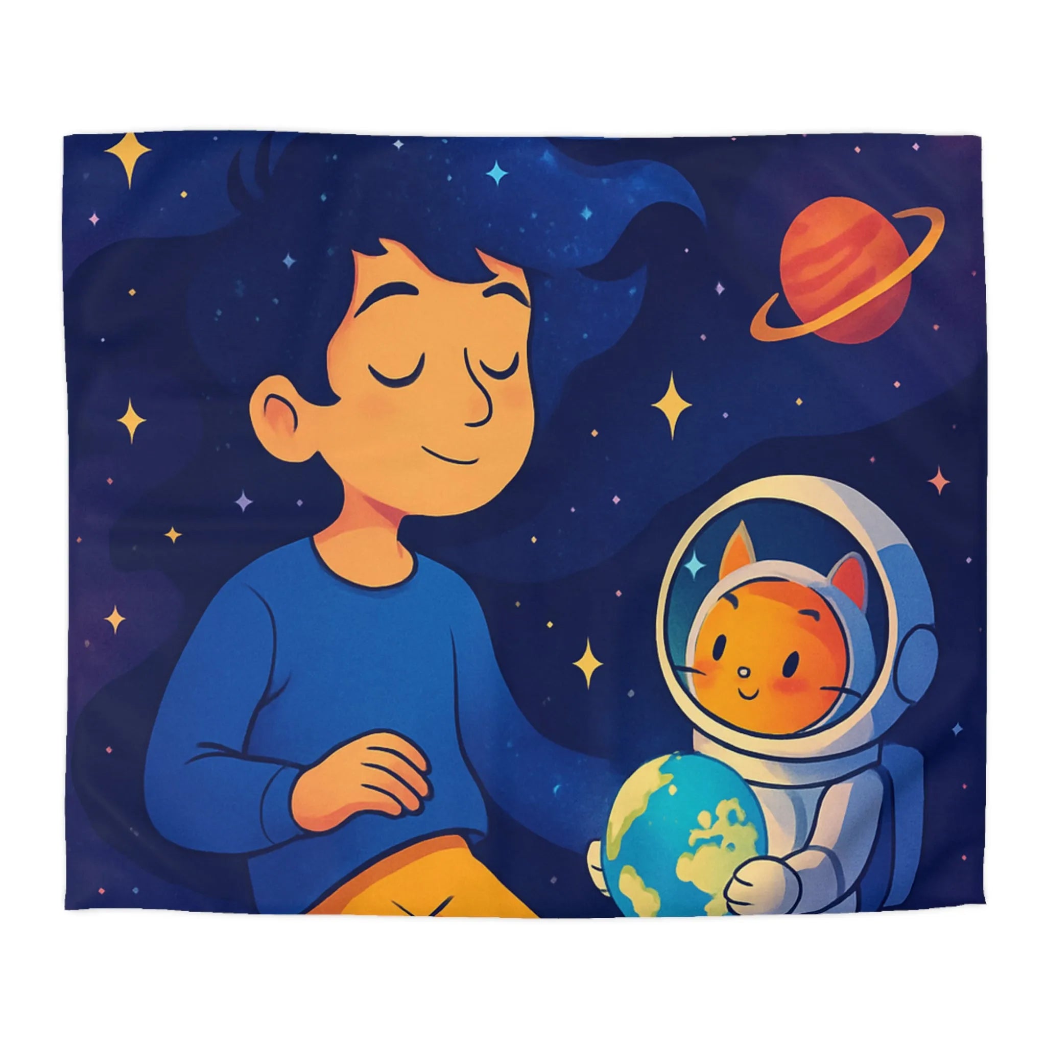 Housse de couette enfant rêve cosmique avec chat astronaute et planètes colorées