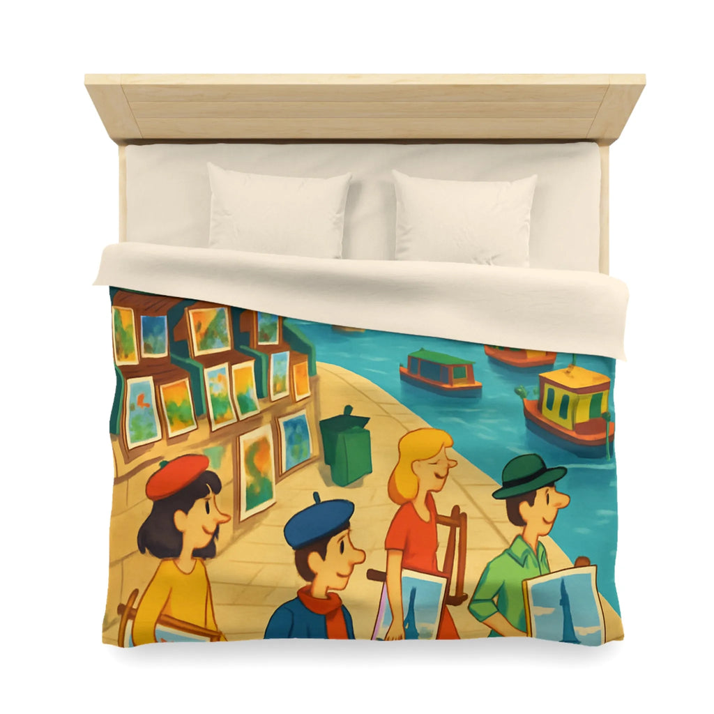Housse de couette artistique thème parisien avec scènes de quai colorées et peintres joyeux