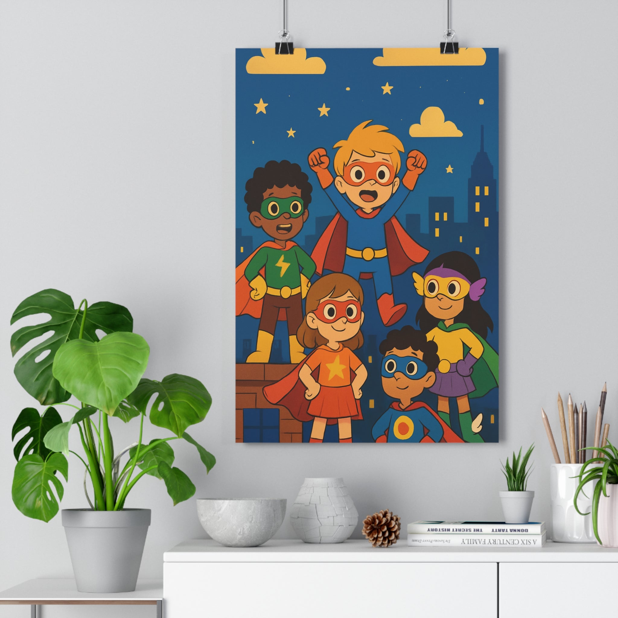 Poster décoratif cartoon enfance aventure héros cape masque coloré joyeux ciel étoilé chambre 30x46