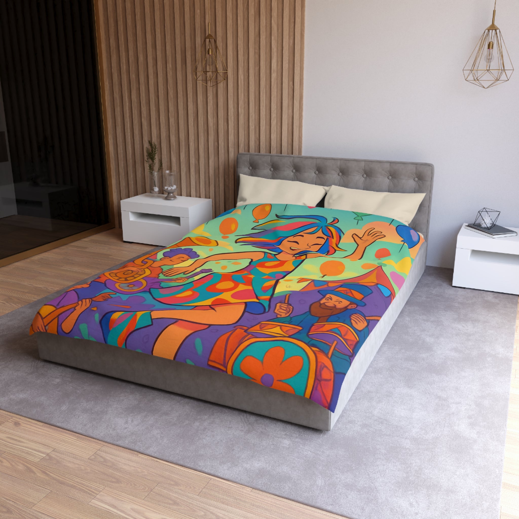 Housse de couette multicolore avec motif de fête joyeuse et personnages dansants