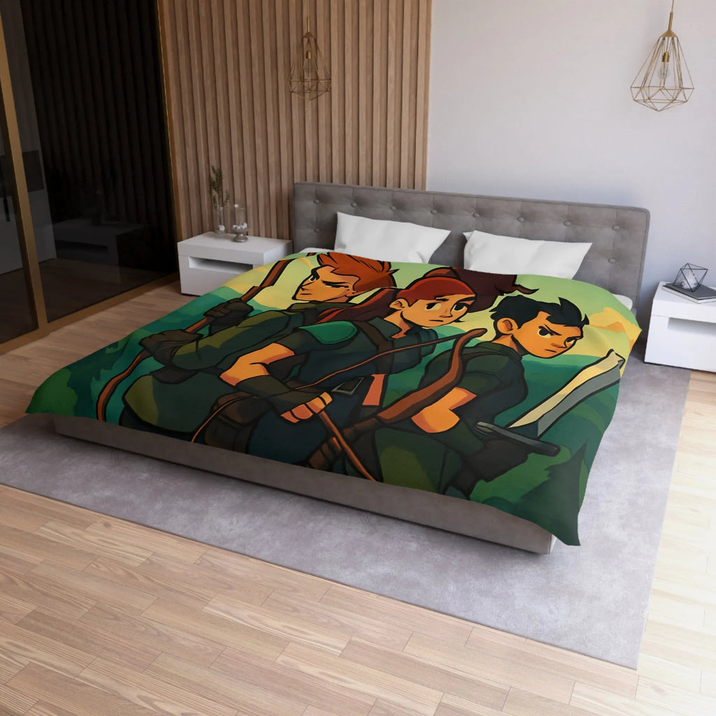 Housse de couette illustrée trois héros médiévaux arc épée forêt château aube