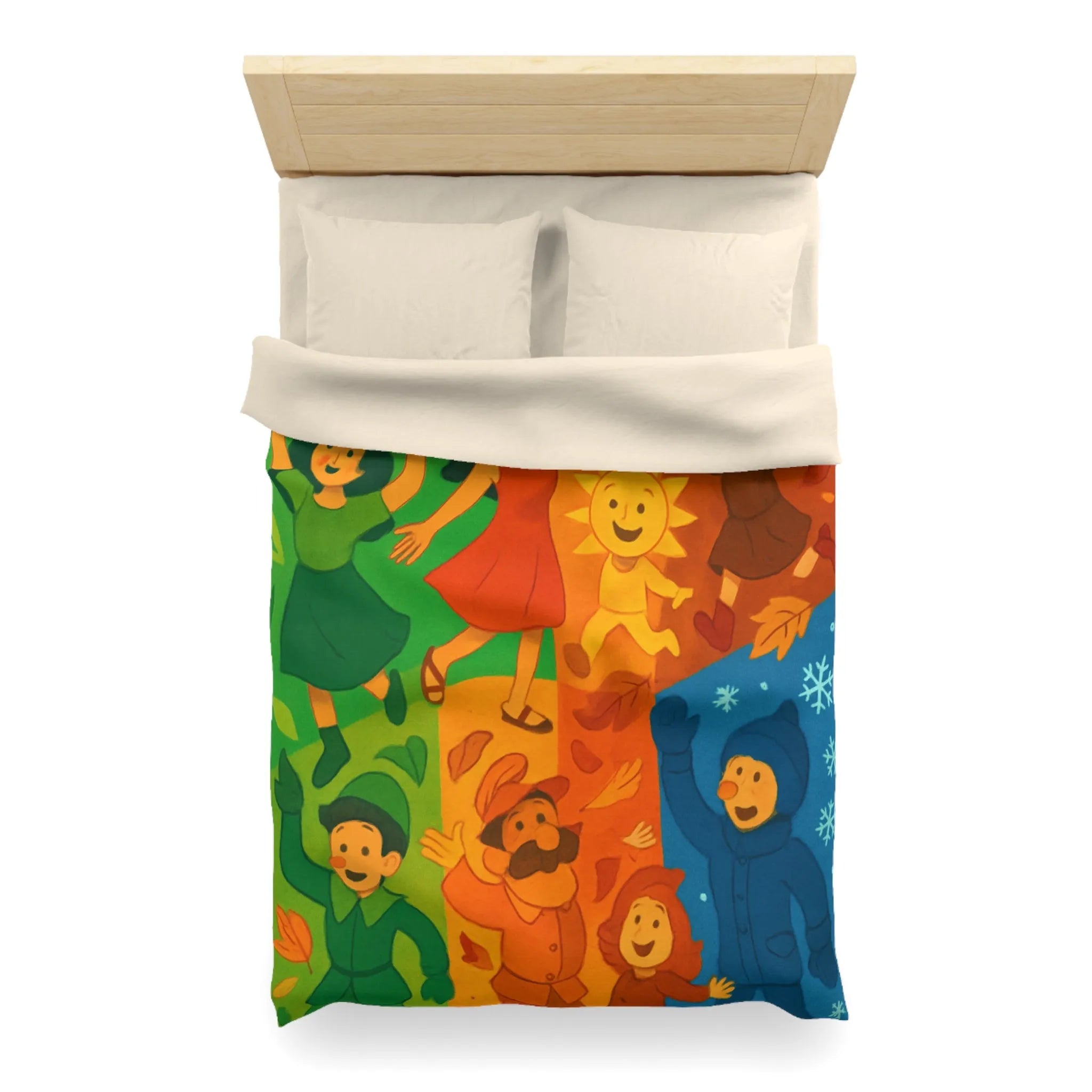 Housse de couette colorée illustrant les quatre saisons avec personnages joyeux et motifs vibrants