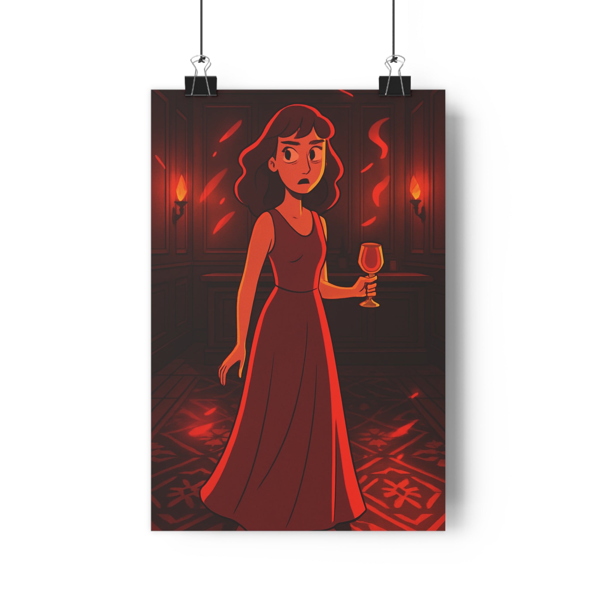 Poster décoratif rouge cartoon femme mystérieux ambiance sombre salon intrigue lumière élégance design stylish