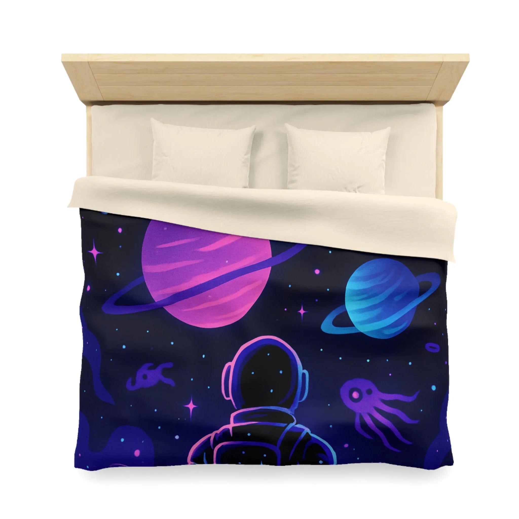 Housse de couette cosmique colorée avec astronaute, planètes et motifs galactiques rêveurs