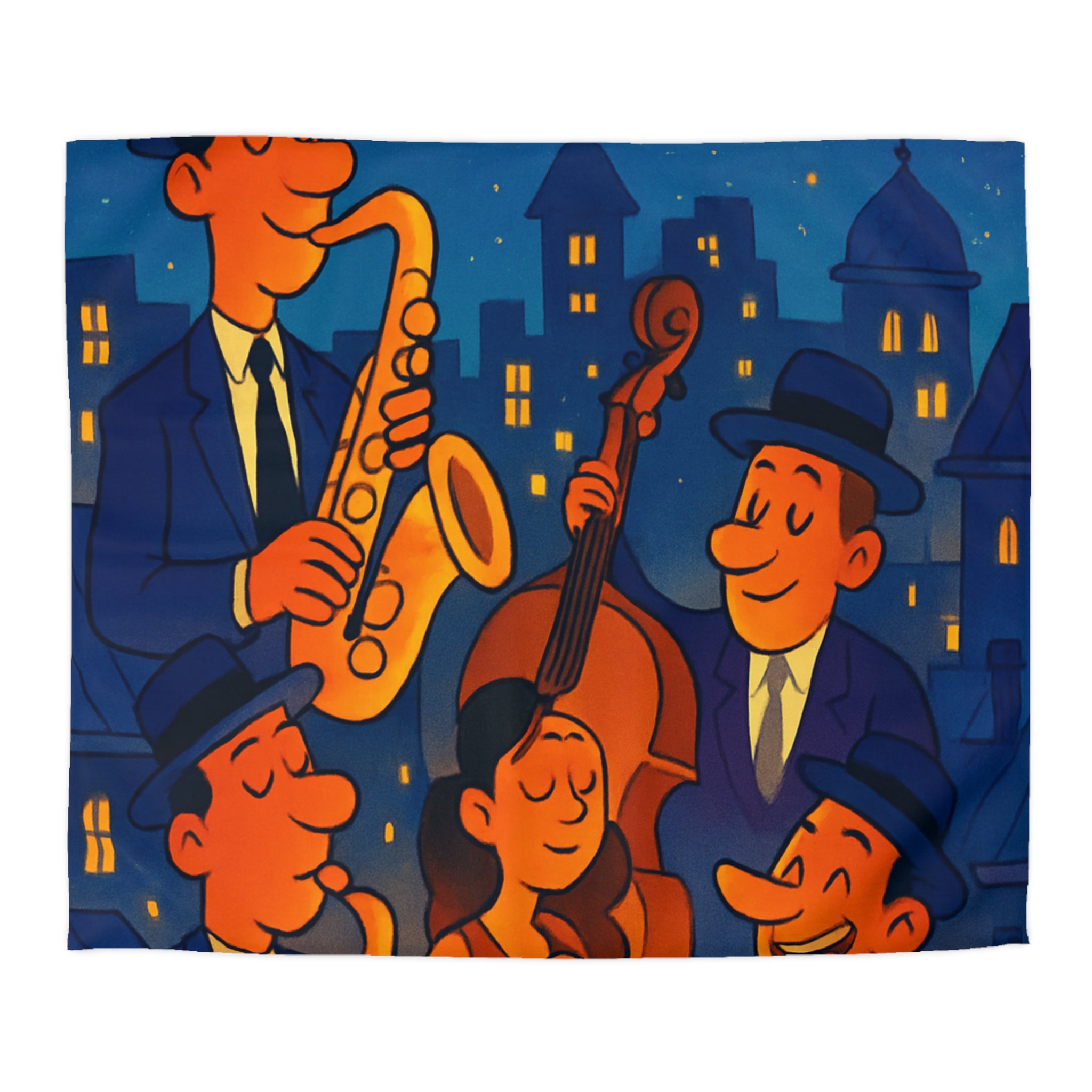 Housse de Couette pour Passionnés de Jazz avec Musiciens et Ciel Étoilé Vibrant