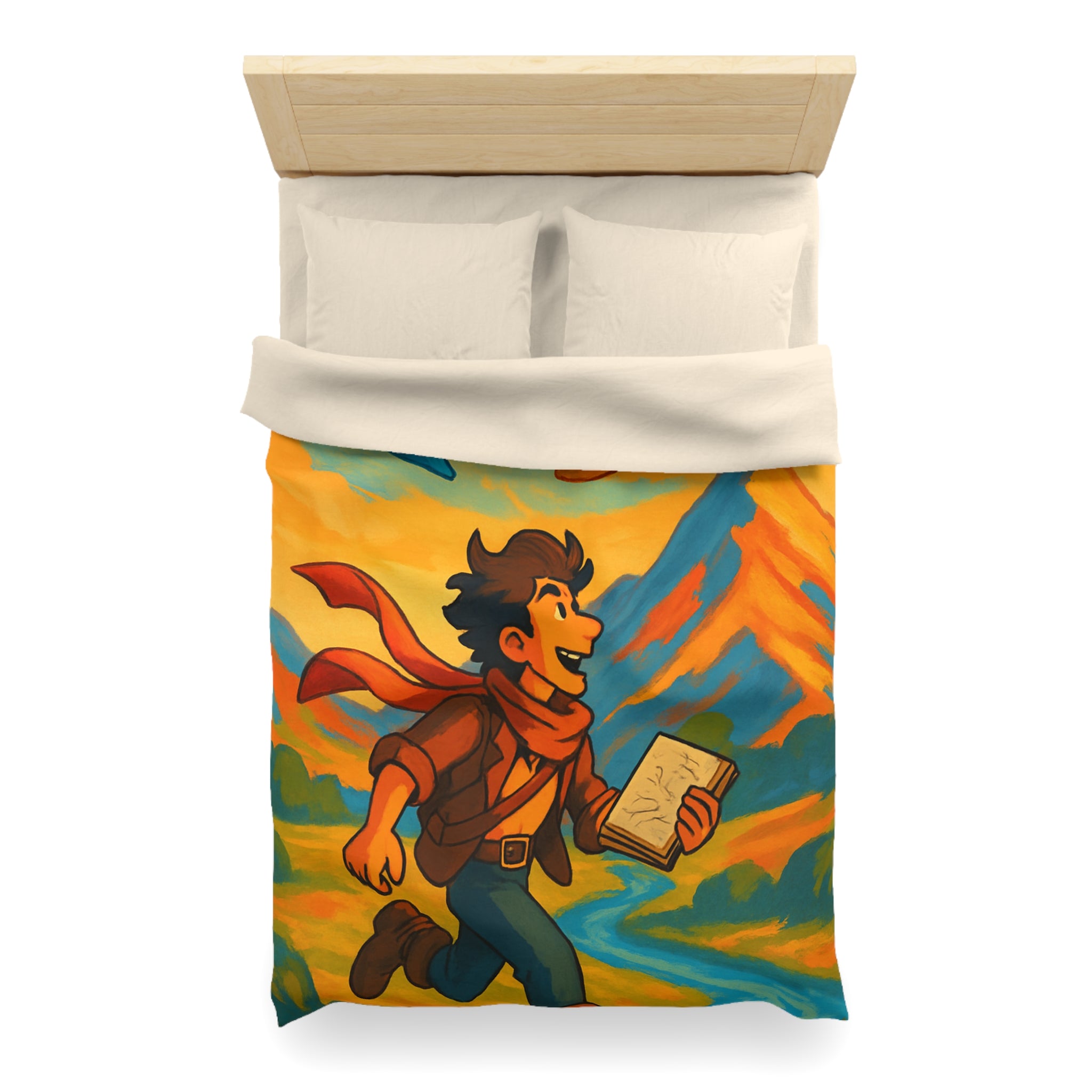 Housse de couette vibrante avec illustration de paysage montagnard et artiste joyeux