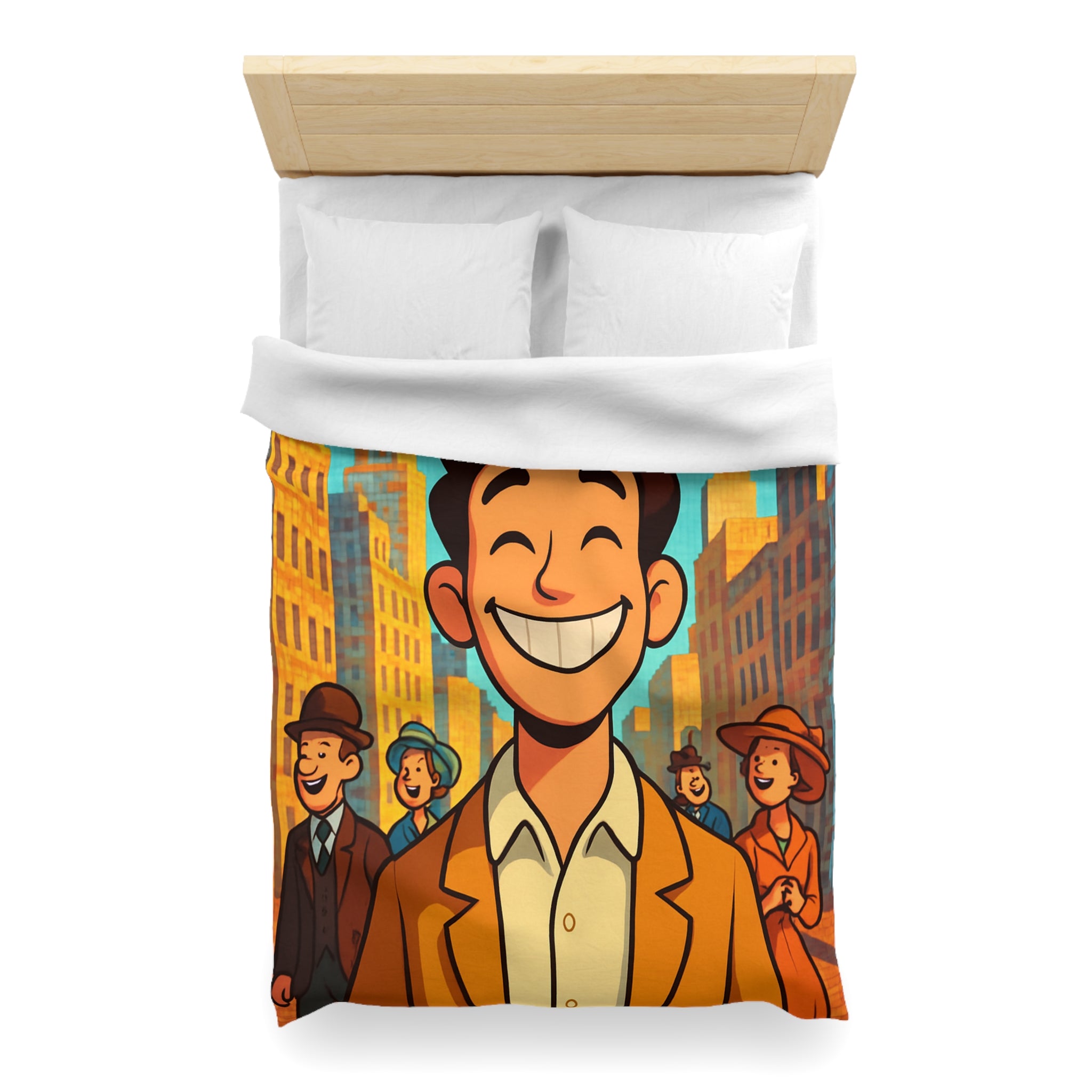 Housse de couette vintage avec personnages souriants et architecture urbaine en arrière-plan