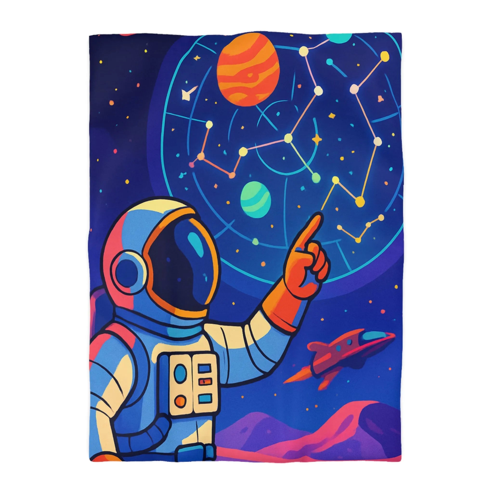 Housse de couette cosmos coloré avec astronaute, planète et carte des étoiles