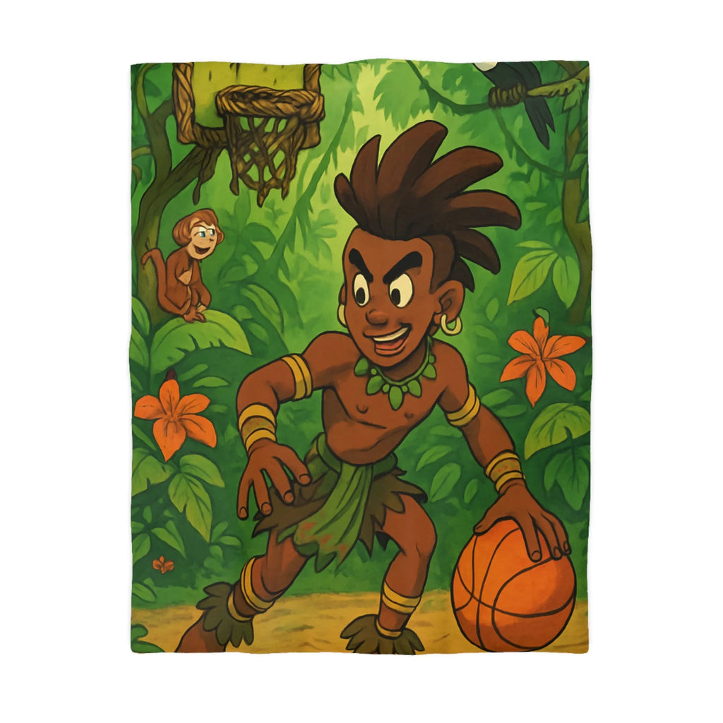 Housse de couette jungle avec garçon joueur de basket et animaux exotiques colorés