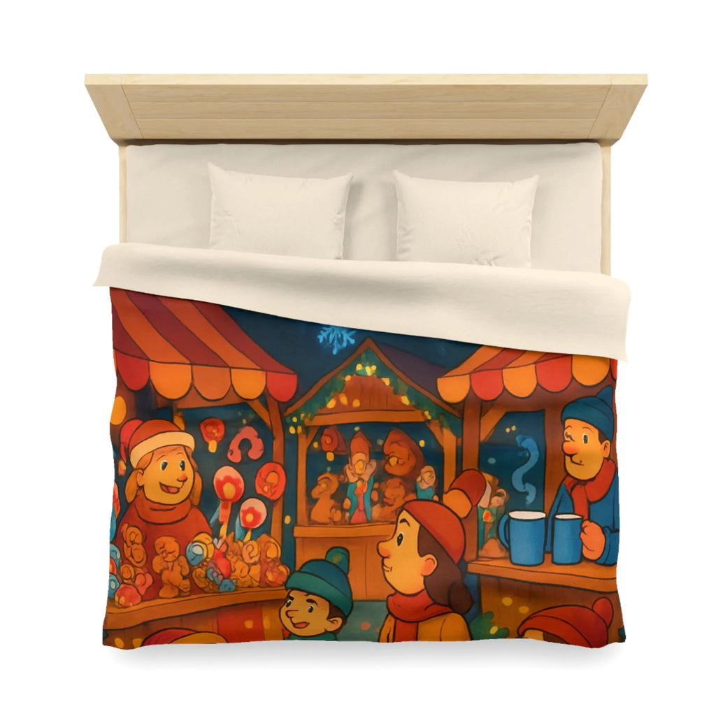 Housse de Couette Enfantine avec Scène Festive de Marché de Noël Illuminé et Joyeux