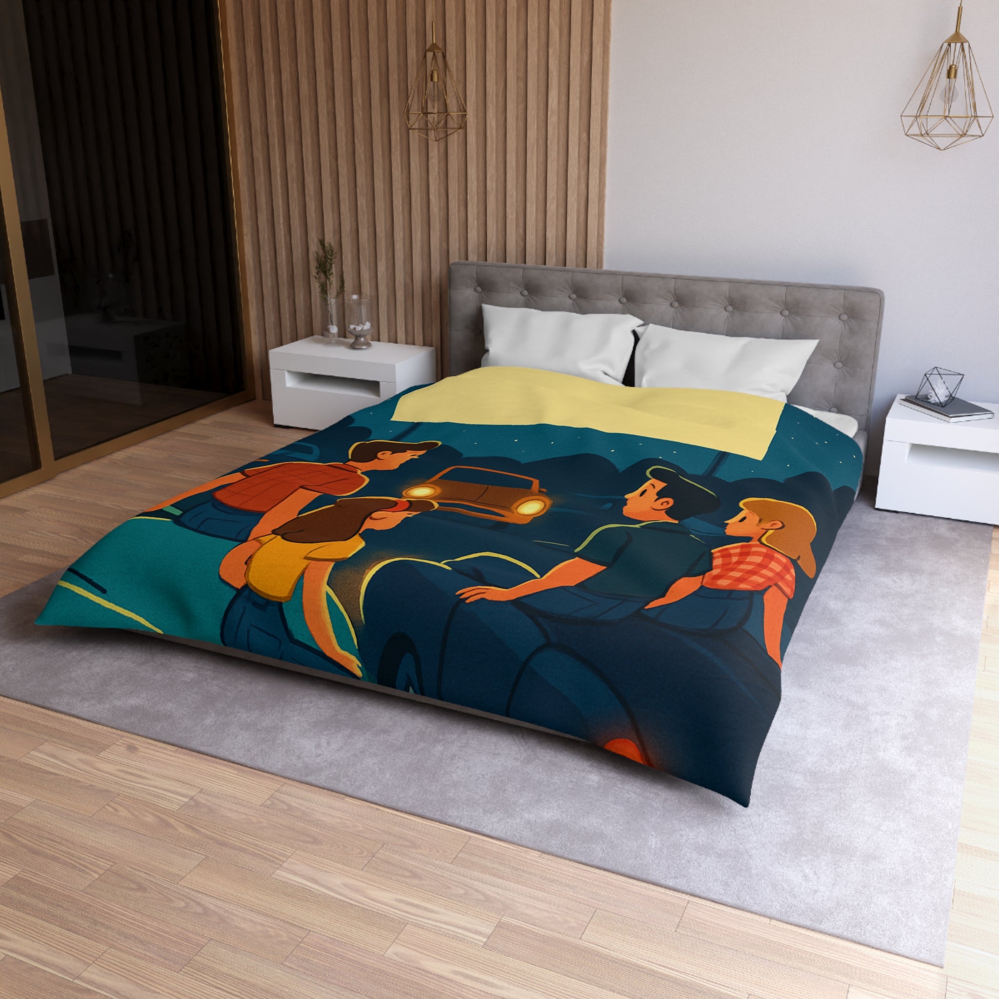 Housse de couette rétro cinéma de voitures sous un ciel étoilé fantastique