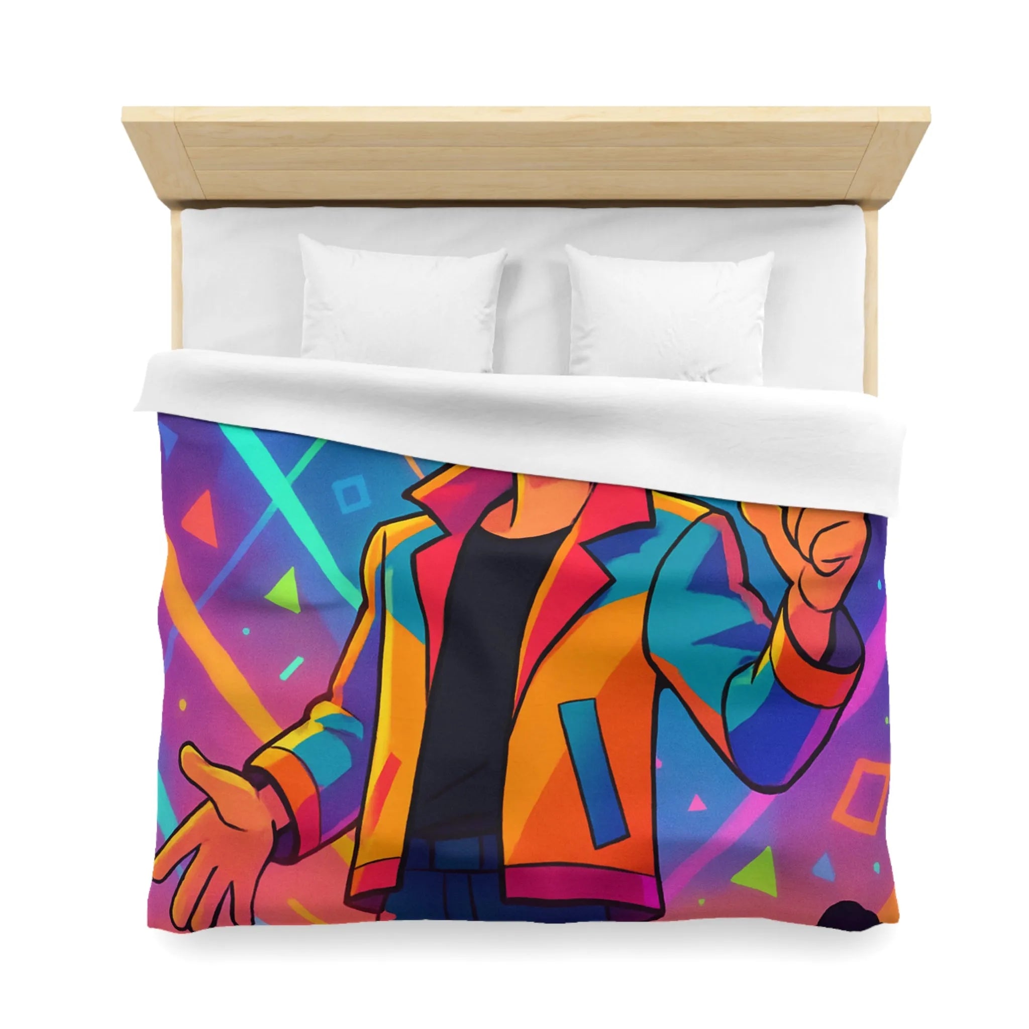 Housse de couette colorée avec personnage animé, haute énergie, motifs géométriques vibrants