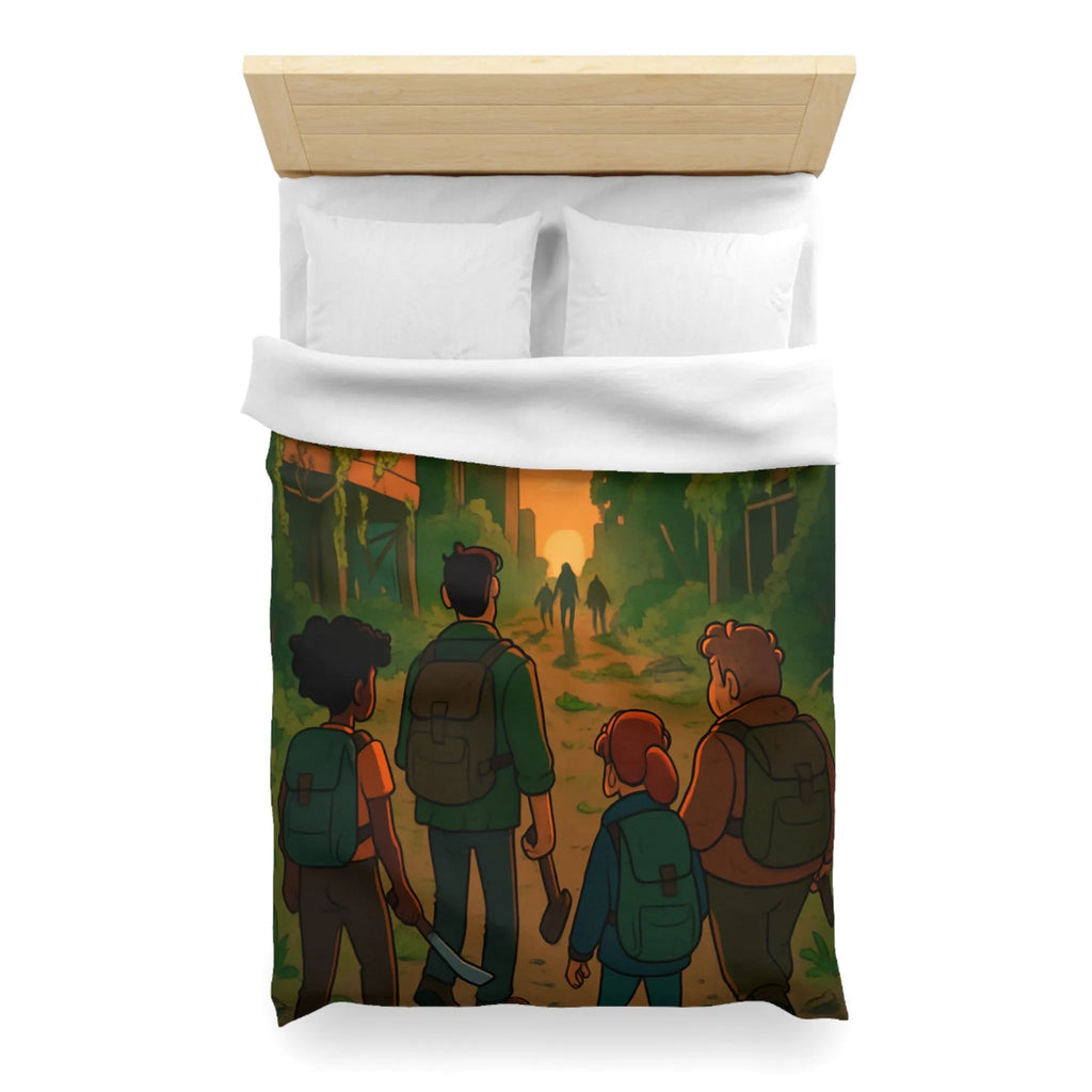 Housse de couette aventure urbaine animée, ambiance apocalyptique au coucher du soleil