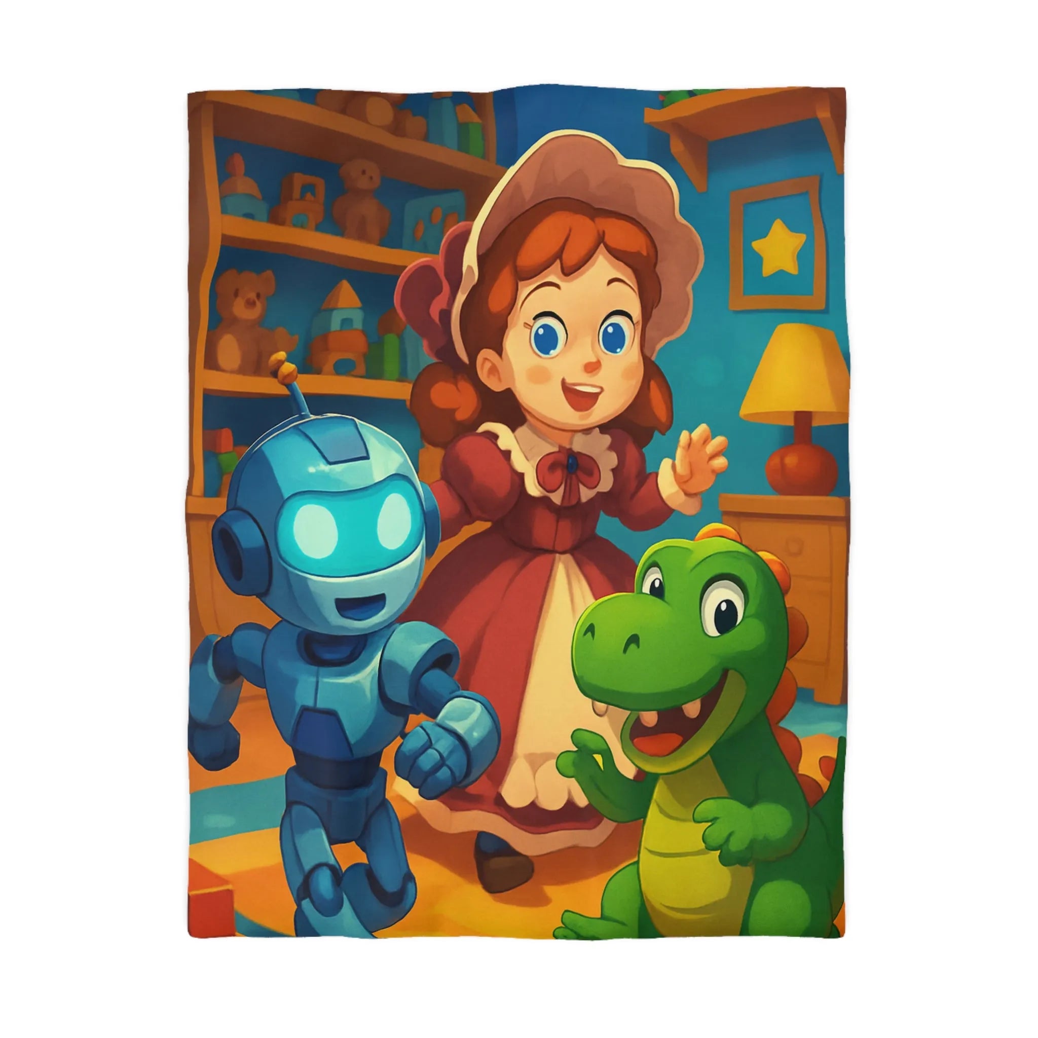 Housse de couette colorée avec robot, dinosaure et poupée en chambre enfantine