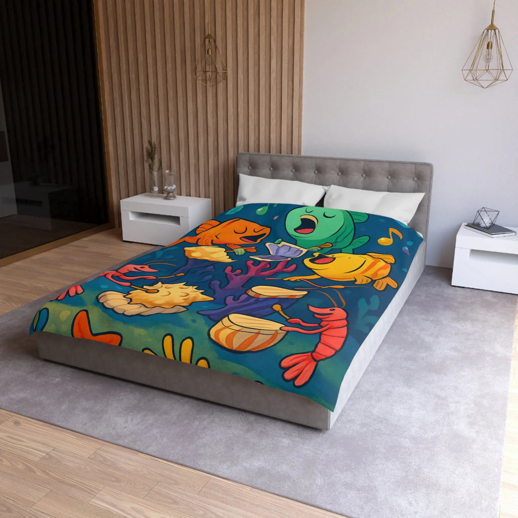 Housse de couette illustration colorée avec poissons chantants et crustacés musicaux sous l'océan