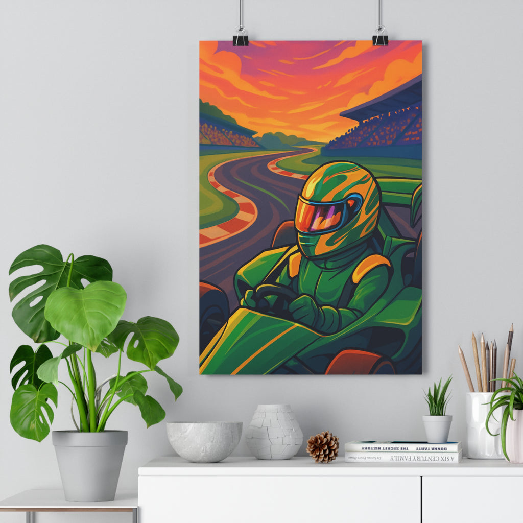 Poster décoratif pilote course cartoon vert orange violet aventure chambre salon dynamique moderne vibrant