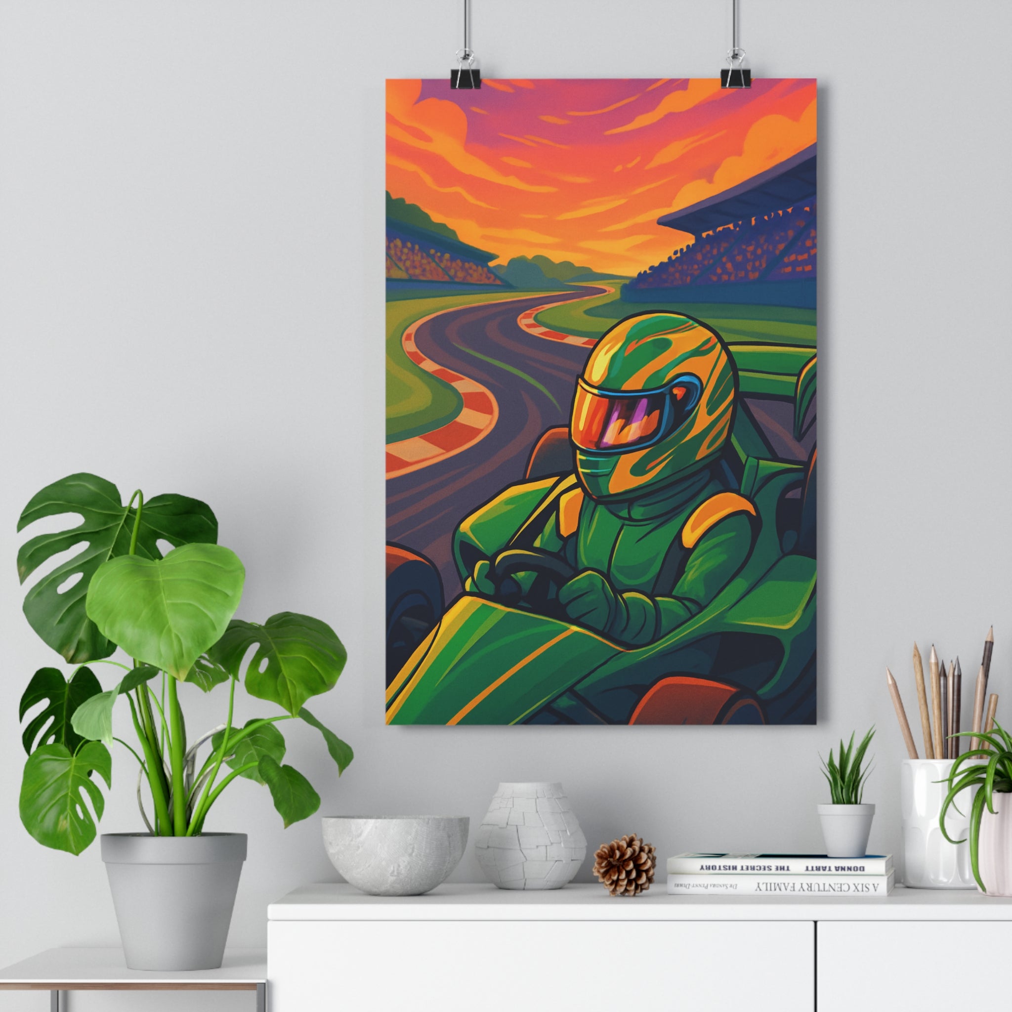 Poster décoratif pilote course cartoon vert orange violet aventure chambre salon dynamique moderne vibrant